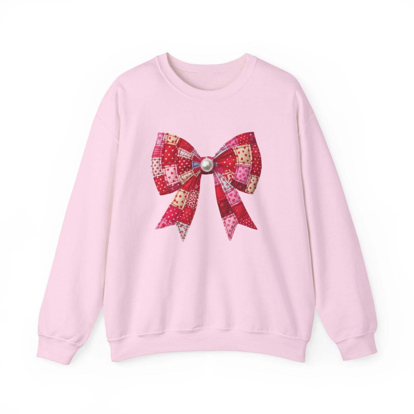 Faux Patchwork Bow Sweatshirt, Quilted Look Bow Crewneck, Pearl Bow Pullover, Cozy Coquette Sweatshirt, Girly Valentine Gift