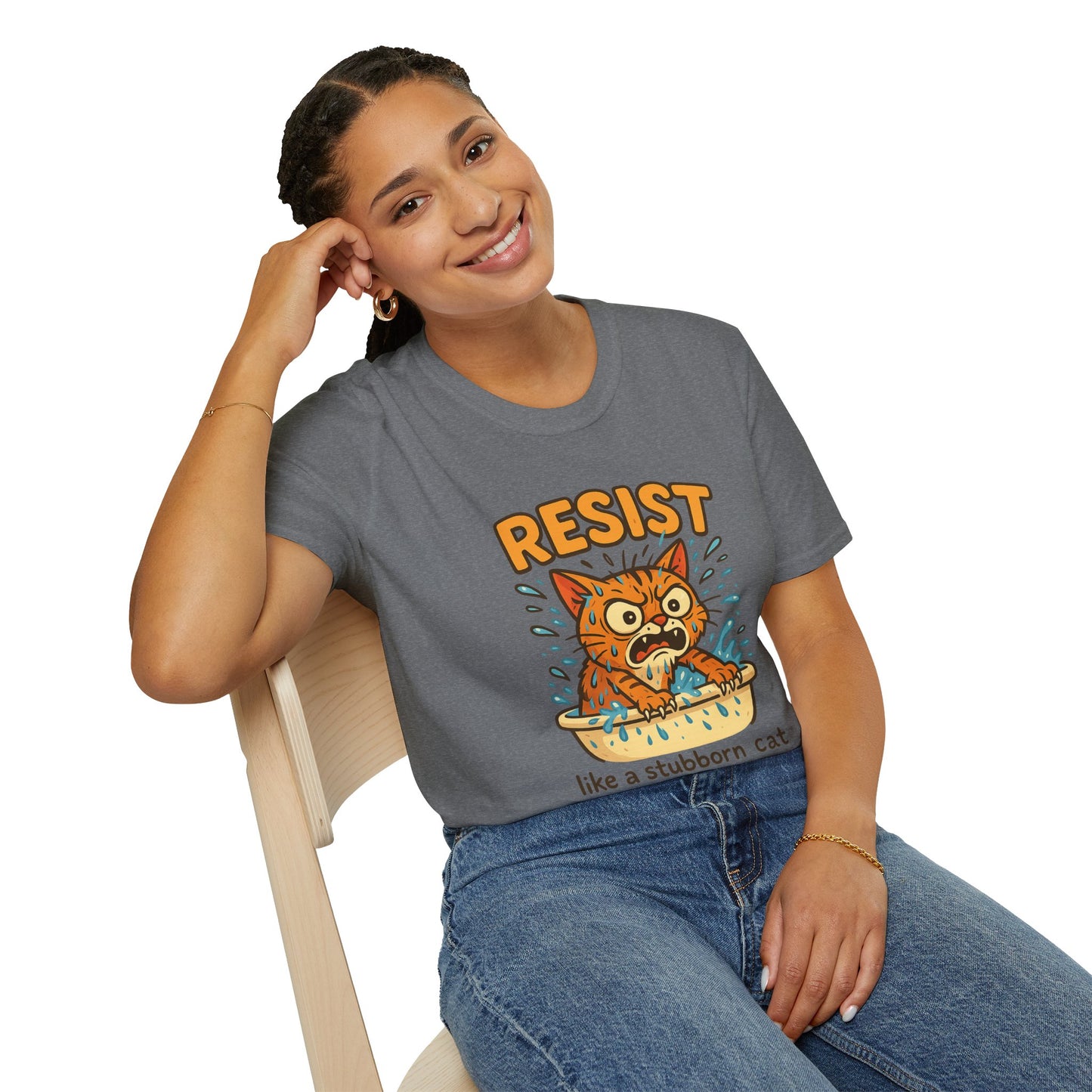 Resist Like A Stubborn Cat At Bathtime Funny Cat Lover Graphic Tee - Quirky Self Care Shirt - Gift For Pet Moms, Dads and Humor Fans
