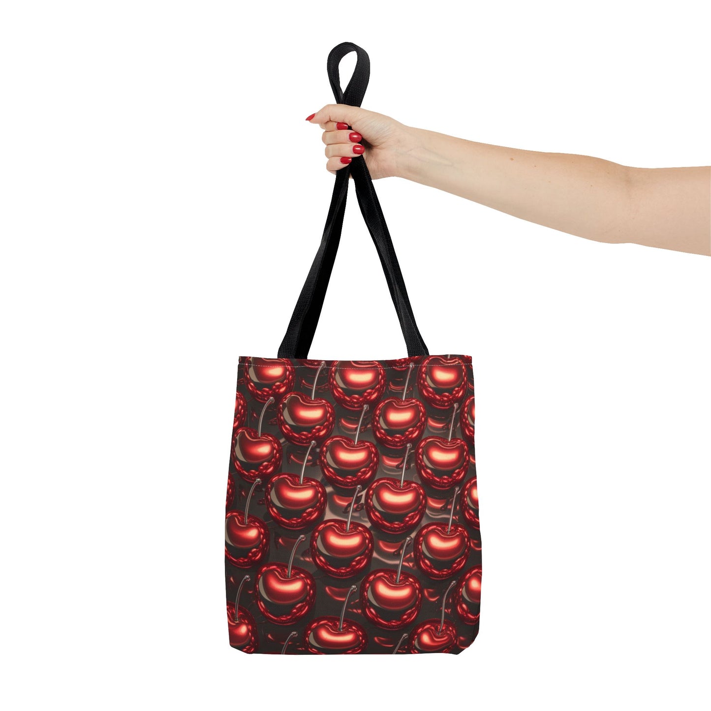 Glossy Cherry Pattern Canvas Tote Bag – Retro Black & Red Cherry Print, Coquette Cottagecore Aesthetic Shopper Tote, Fruit Lover Gift
