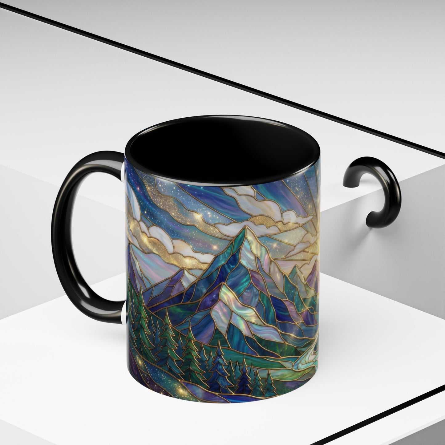 Mountain Art Mug, Scenic Mountain Coffee Cup, Nature Lover Ceramic Mug, Stained Glass Style Landscape, 11oz 15oz Gift, Outdoor Hiking Mug, Unique Coffee Tea Cup