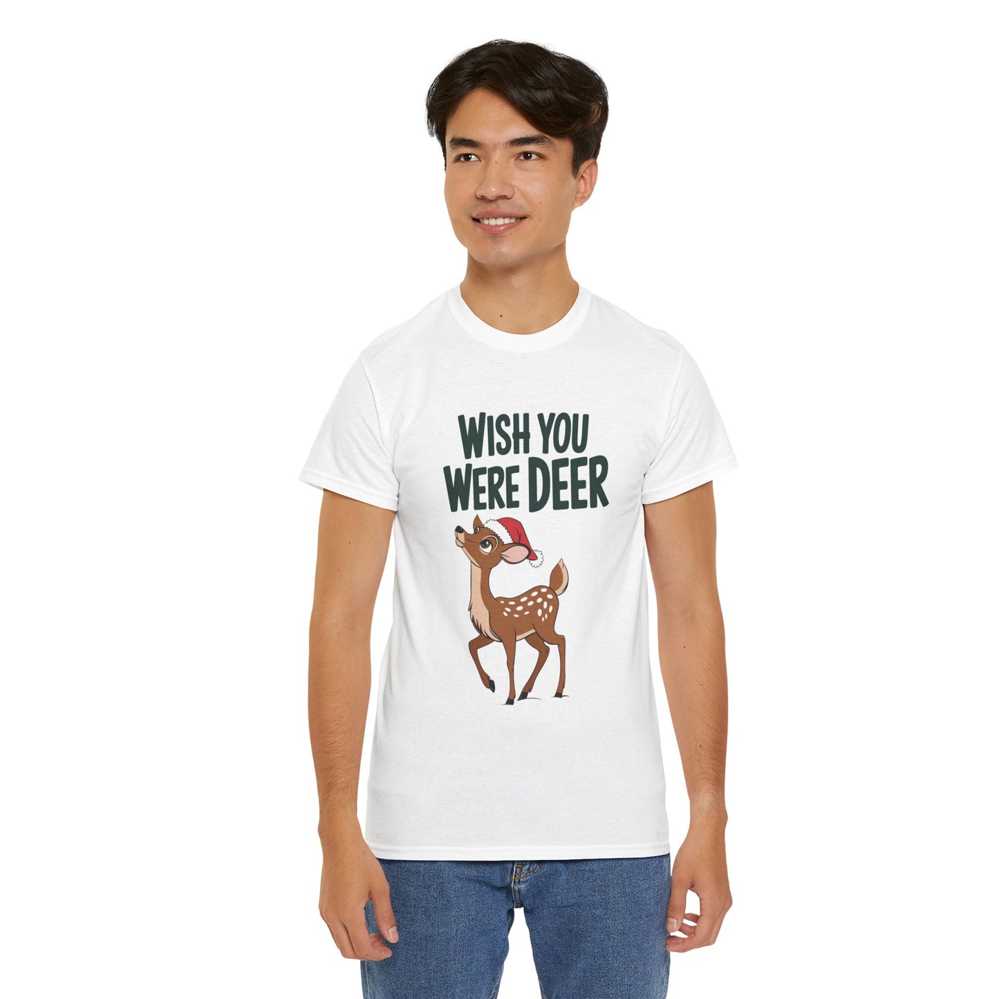 Wish You Were Deer Funny Christmas T-Shirt, Cute Reindeer Holiday Tee, Pun Christmas Shirt, Festive Santa Hat Deer Graphic Tee Gift