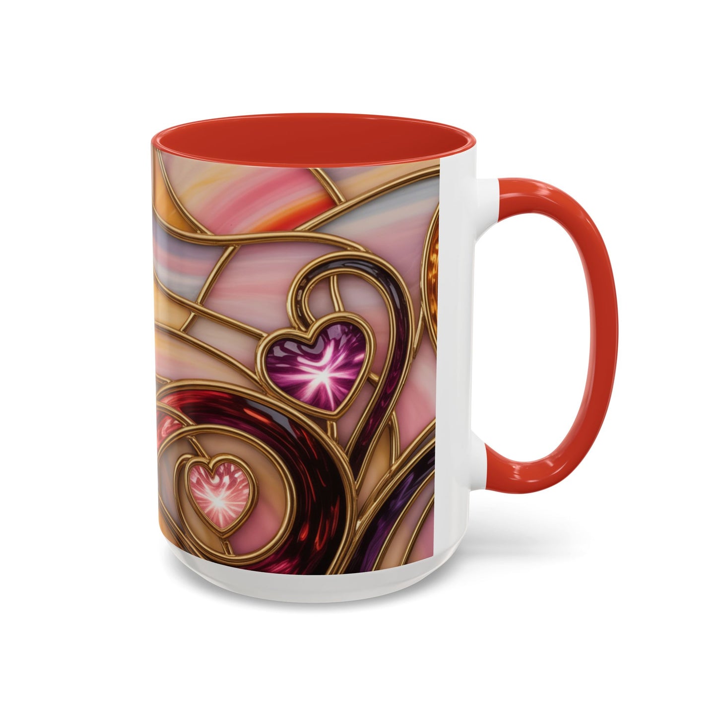 Stained Glass Heart Mug, Romantic Love Coffee Cup, Pink Red Gold Glass Style Mug, Valentine Gift For Her, Anniversary Wedding Decor