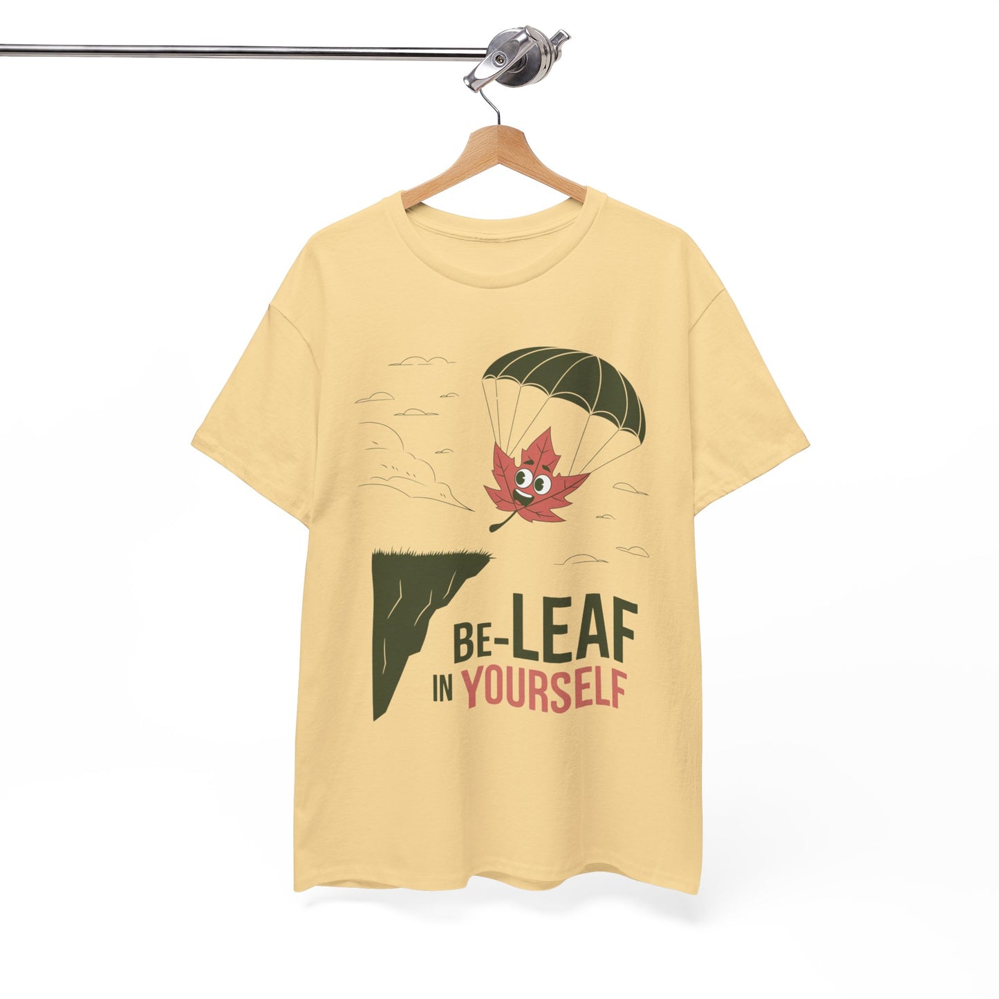 Be-Leaf In Yourself Maple Leaf Parachute T-Shirt | Funny Motivational Nature Graphic Tee | Self-Love Fall Autumn Shirt | Outdoorsy Gift