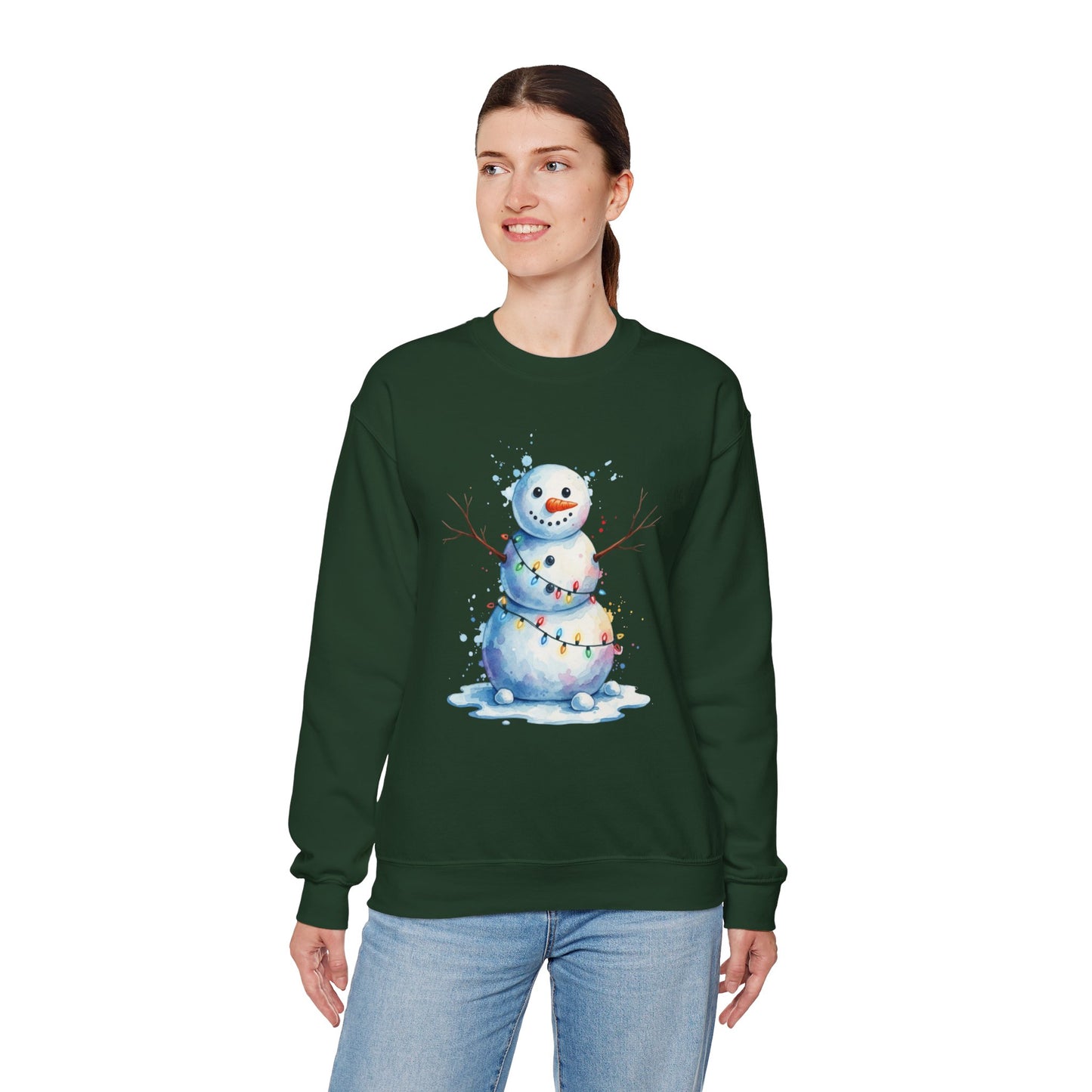 Watercolor Snowman Christmas Sweatshirt, Cute Snowman Crewneck for Winter, Holiday Lights Snowman Sweater, Cozy Unisex Christmas Gift