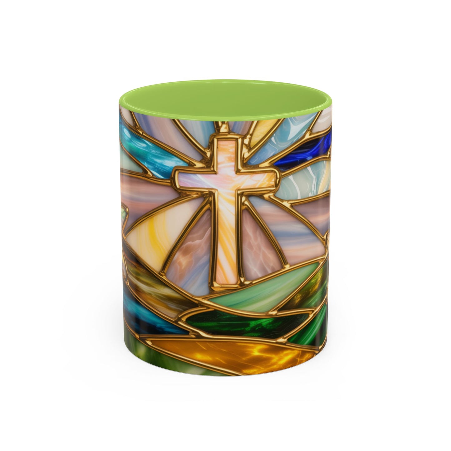 Stained Glass Cross Mug, Christian Sunrise Coffee Cup, Religious Floral Art Mug, Inspirational Faith Gift For Women, Colorful Stained Glass Design