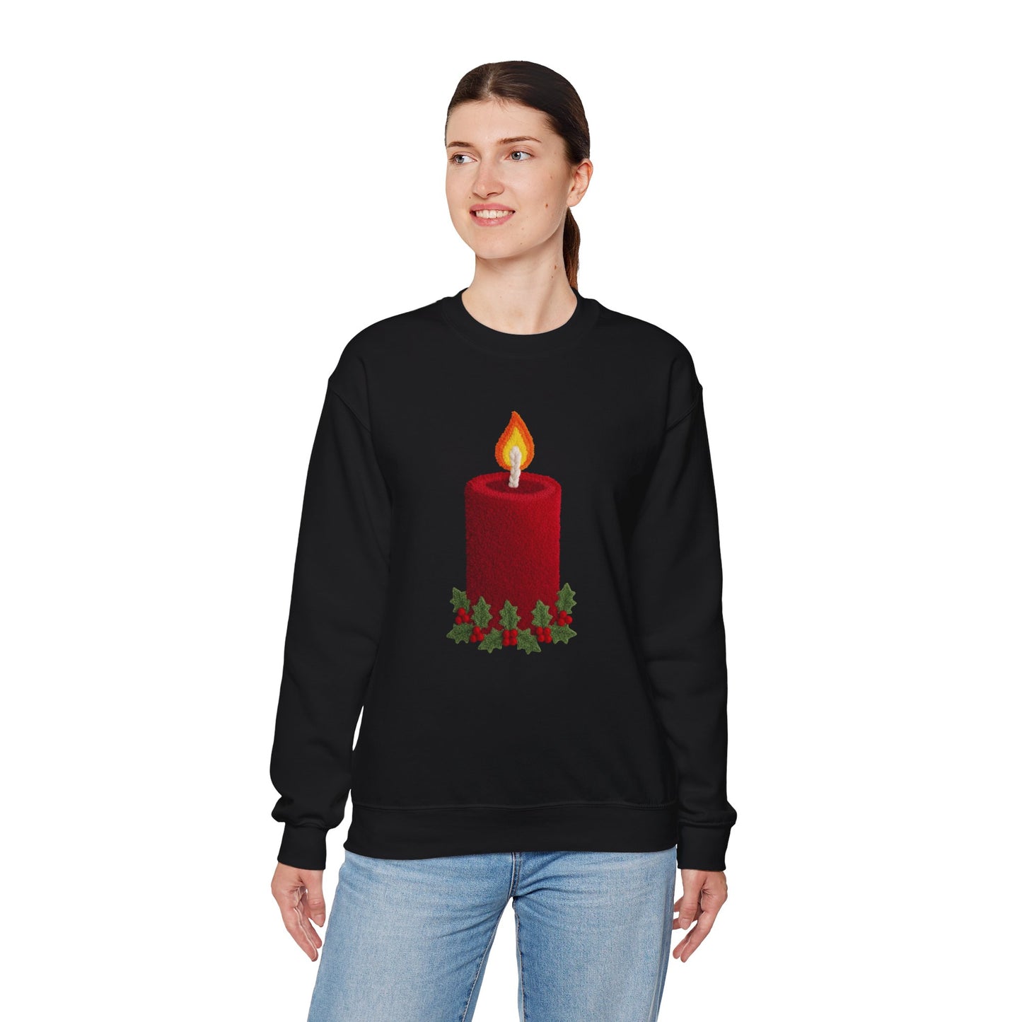 Faux Patchwork Crochet Candle Sweatshirt, Christmas Candle Sweater, Holiday Cozy Winter Crewneck, Cute Xmas Candle Sweatshirt, Unisex Holiday Top