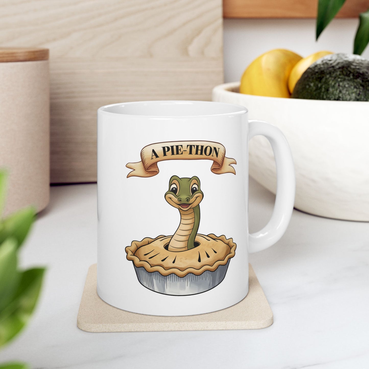 Pie-Thon Snake Mug - Funny Python Pie Pun Mug, Quirky Animal Cartoon Ceramic Coffee Cup, Novelty Gift for Snake Lovers & Bakery Fans