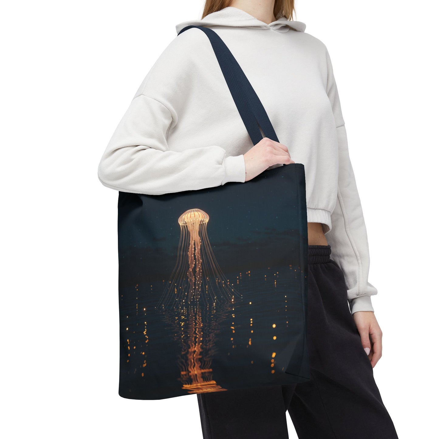 Luminous Jellyfish Tote Bag, Glow-Inspired Ocean Design Shoulder Bag, Durable Polyester Tote For Everyday Style, Gifts, And Coastal Fashion