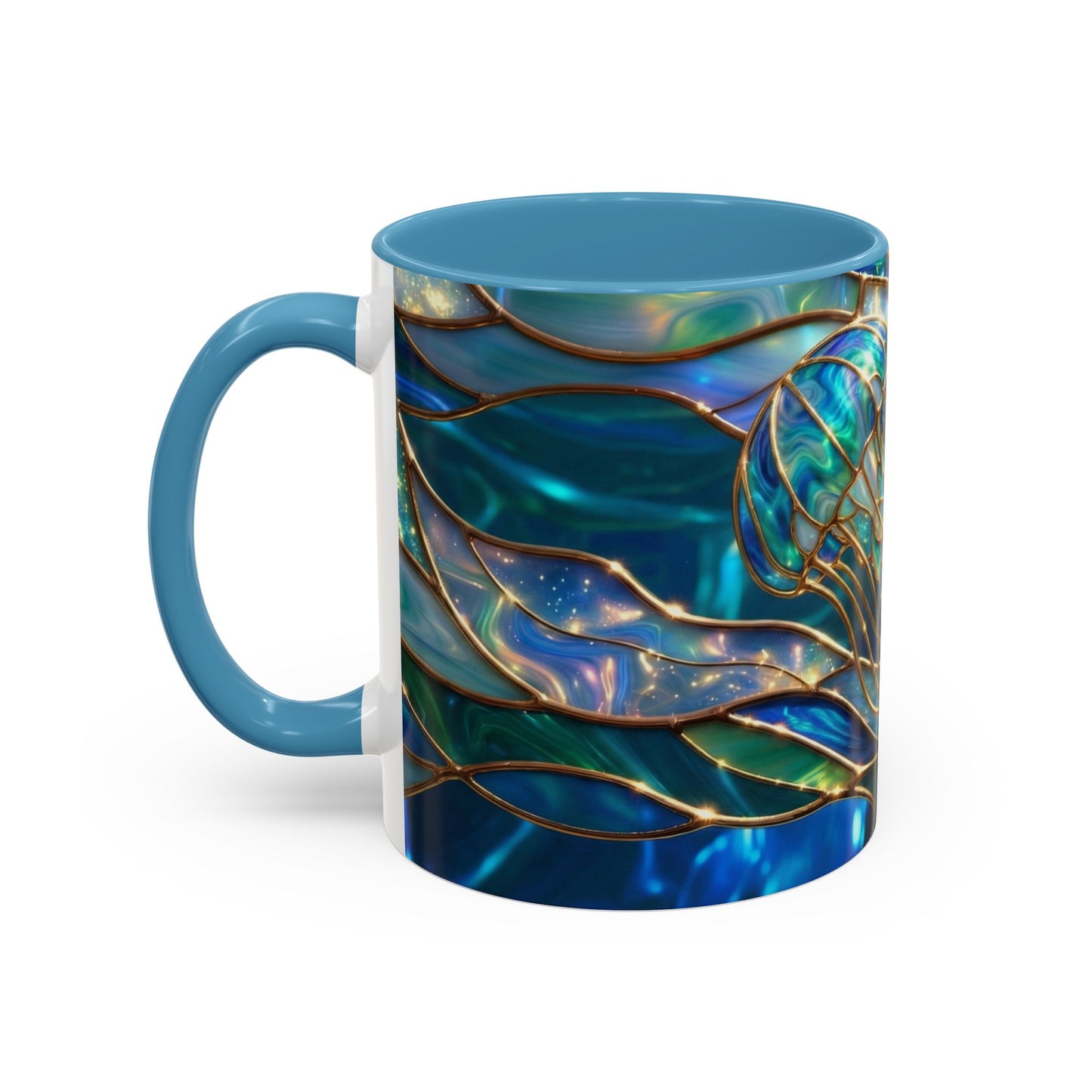 Stained Glass Jellyfish Mug, Ocean Art Coffee Cup, Nautical Sea Life Mug, Blue Teal Gold Glass Style Mug, Gift For Ocean Lovers Decor