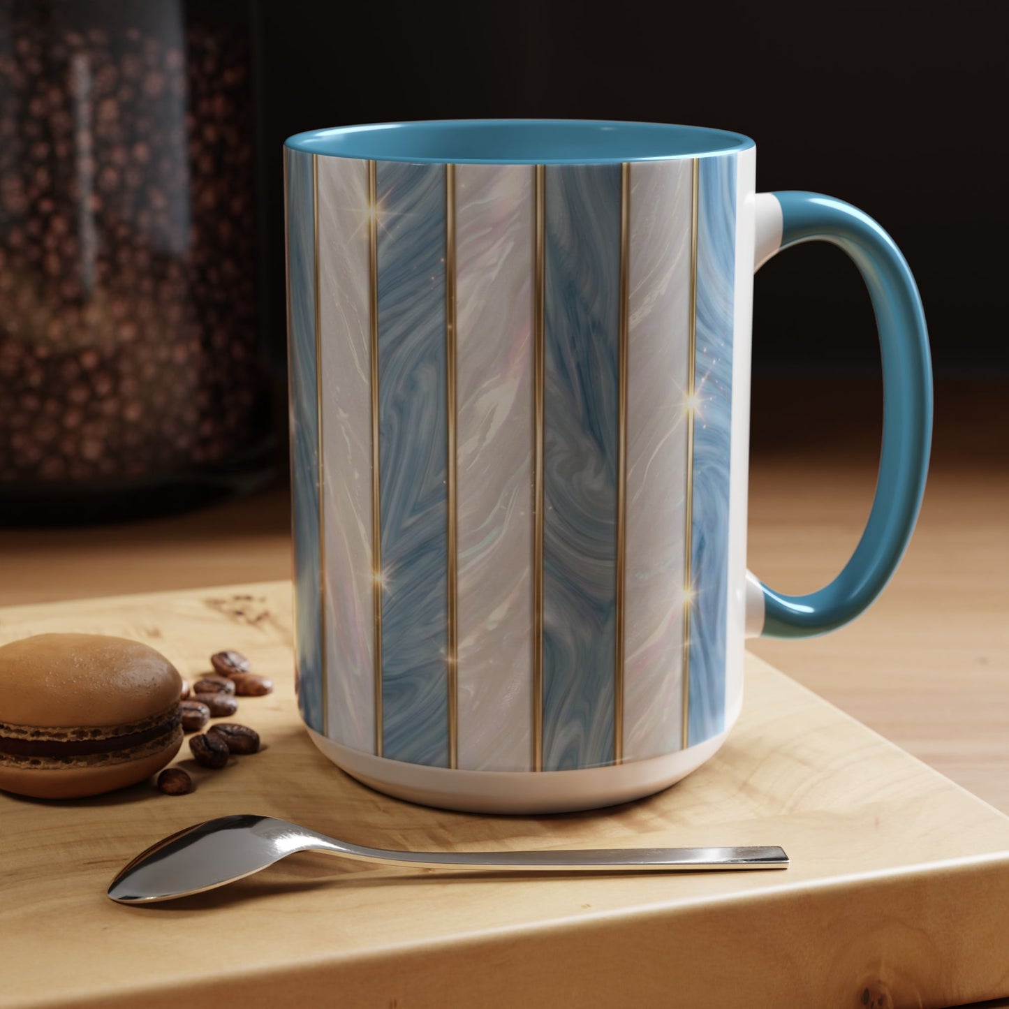 Faux Stained Glass Mug, Blue Pearlescent Coffee Cup, Art Deco Stained Glass Decor, Elegant Gold Stripe Teacup, Unique Art Gift For Her