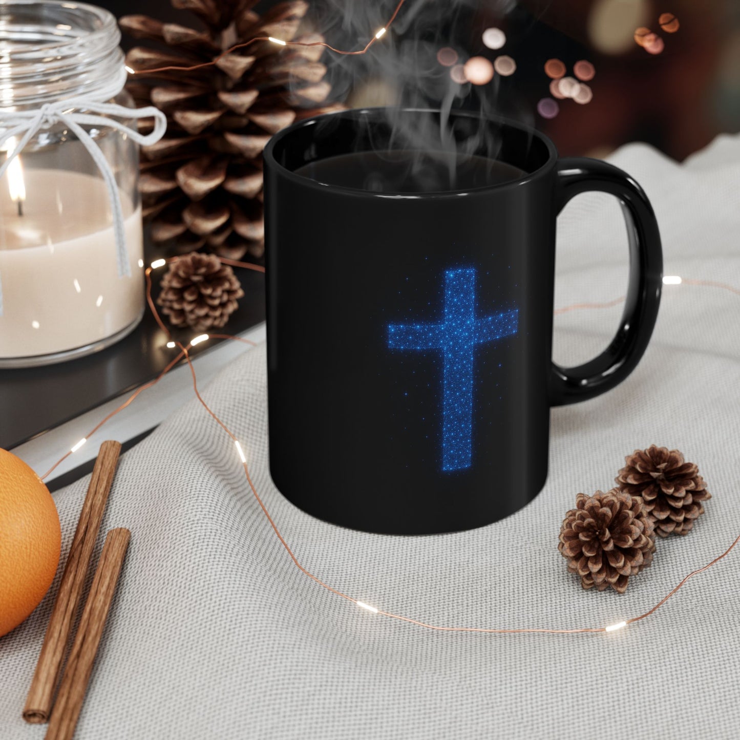 Celestial Cross Mug – Blue Starry Christian Coffee Cup – Faith Based Black Ceramic Mug with Cosmic Cross Design | Religious Gift Idea