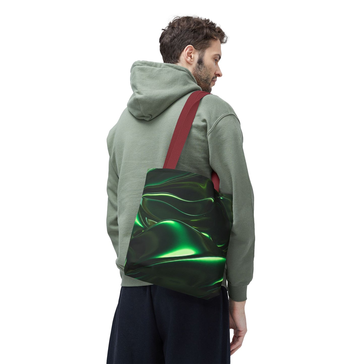 Futuristic Green Tote Bag - Abstract Metallic Wave Art Tote - Glossy Cyber Aesthetic Bag, Techwear Vibes, Edgy Gamer Gift, Trendy Street Style