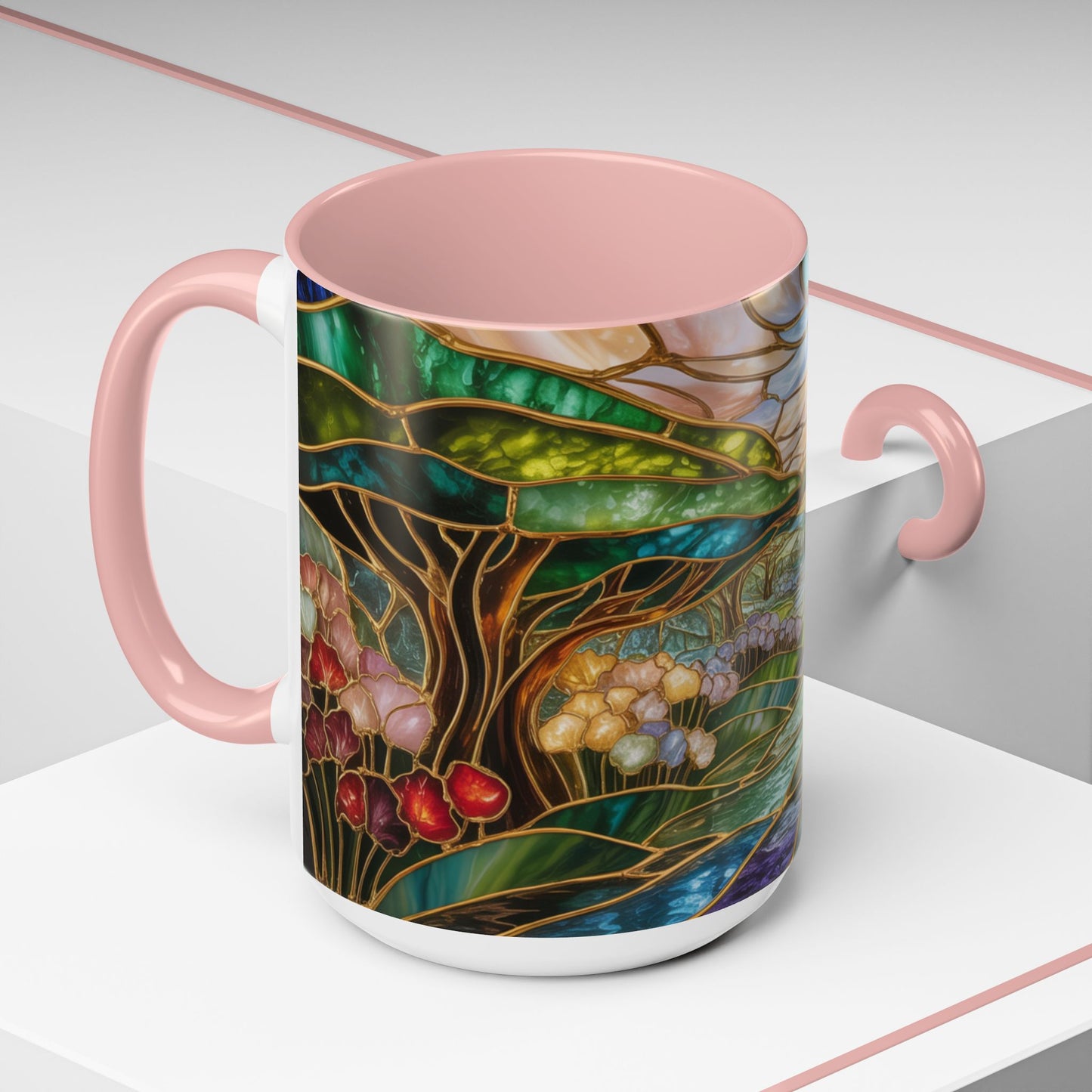 Stained Glass Woodland Forest Mug, Tree & Flowers Coffee Cup, Nature Lover Gift, Artistic Woodland Art Mug, Rustic Home Decor Mug