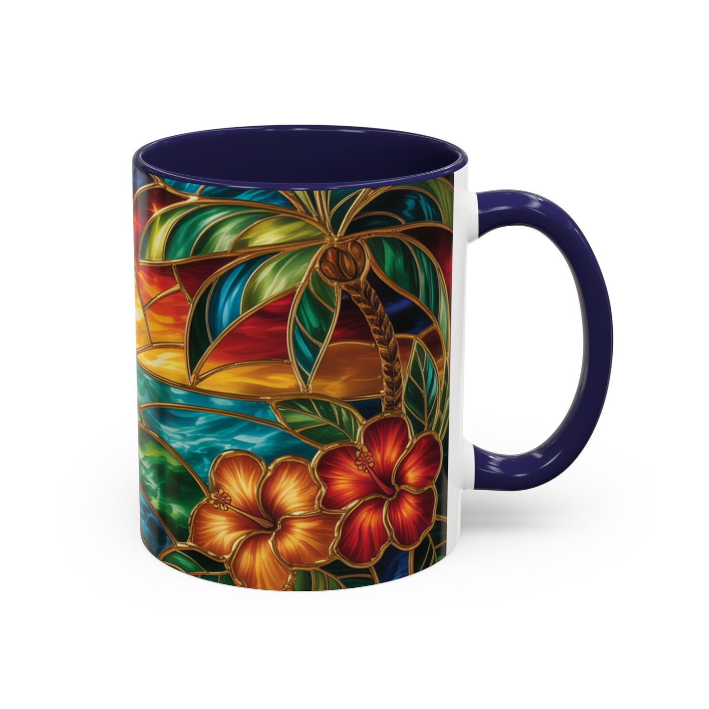 Stained Glass Tropical Sunset Mug, Hibiscus Flower Coffee Cup, Beach Lover Gift, Colorful Palm Tree Mug, Coastal Art Drinkware, Summer Cup