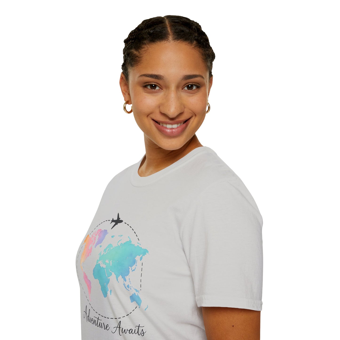 Adventure Awaits Travel Shirt | Watercolor World Map Tee for Women and Men | Wanderlust Gift for Travelers, Hikers, Campers, Beach Lovers