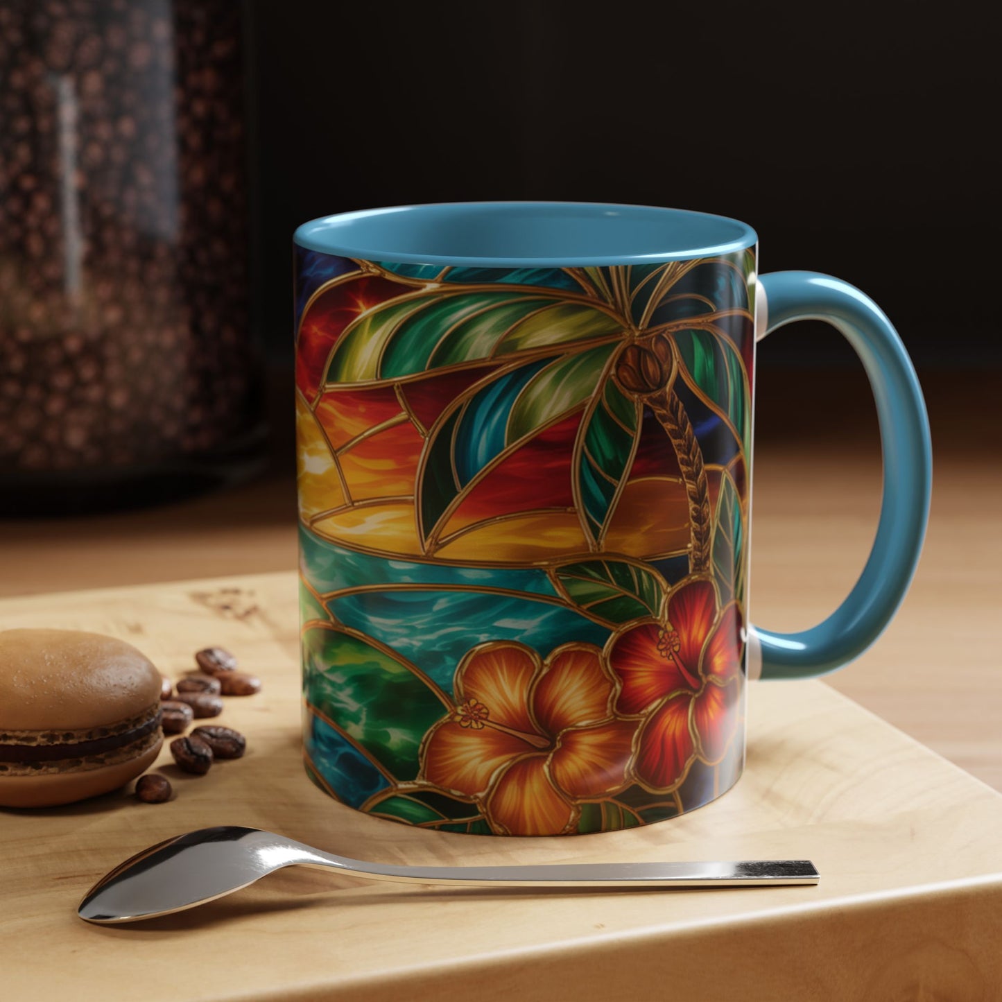 Stained Glass Tropical Sunset Mug, Hibiscus Flower Coffee Cup, Beach Lover Gift, Colorful Palm Tree Mug, Coastal Art Drinkware, Summer Cup