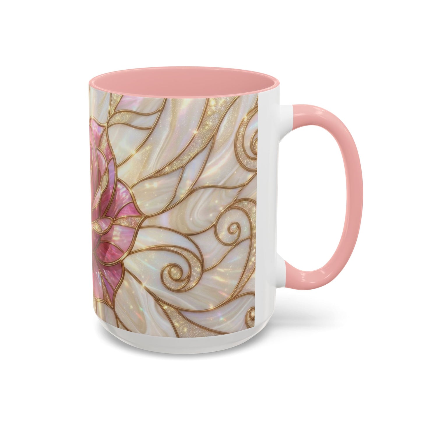 Pink Rose Stained Glass Mug, Gold Floral Coffee Cup, Romantic Flower Tea Cup, Gardener Gift For Mom, Botanical Art, Wife Birthday Gift
