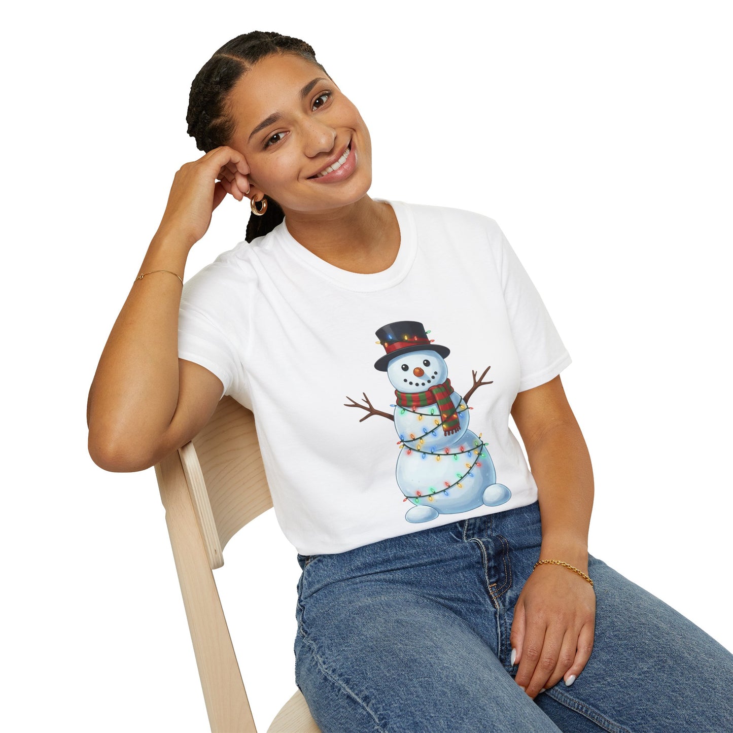 Cute Snowman Christmas Shirt, Snowman Wrapped in Christmas Lights Tee, Holiday Winter Snowman Top Hat Shirt, Funny Cozy Christmas T Shirt