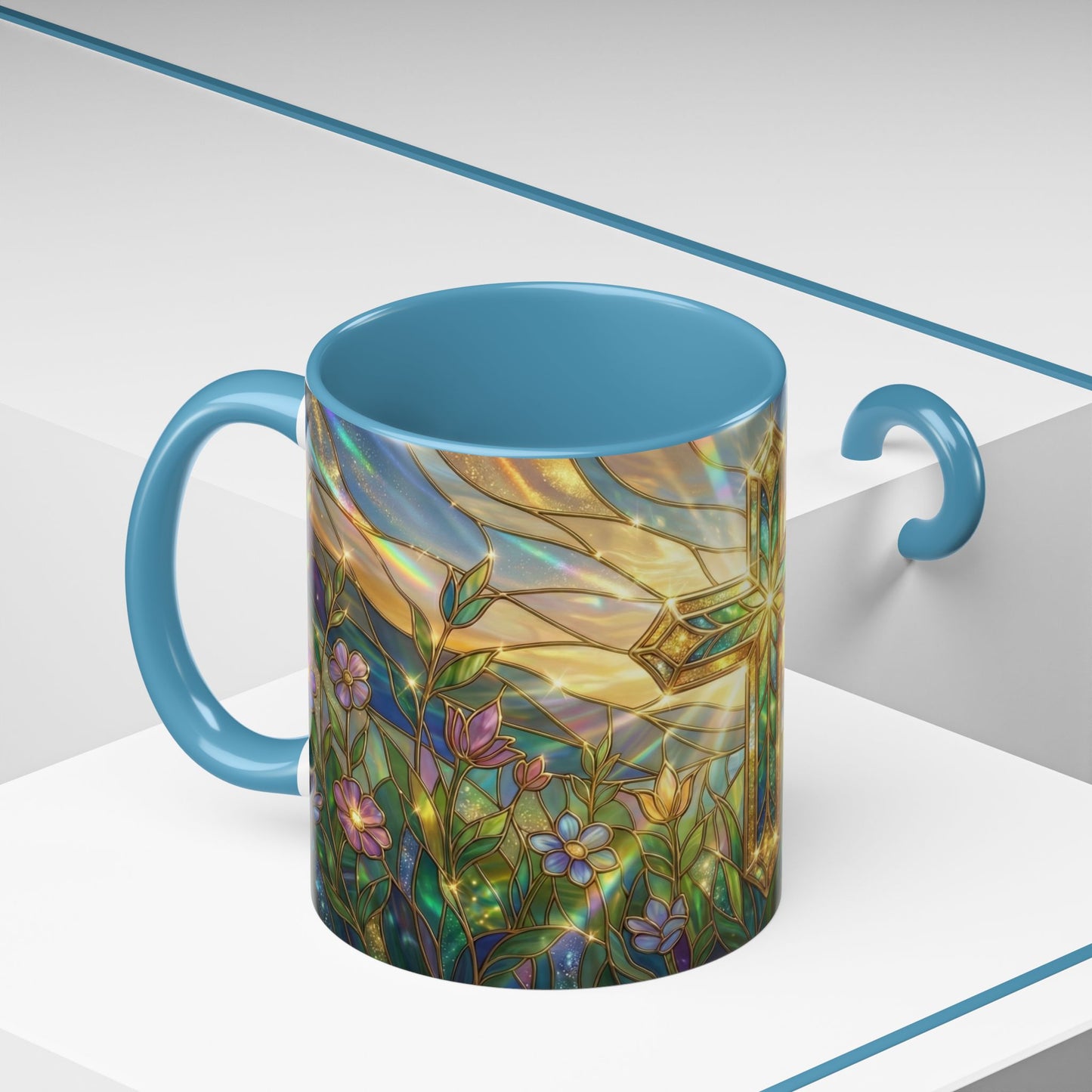 Stained Glass Cross Mug, Christian Coffee Cup With Floral Design, Faith Inspired Ceramic Mug, Religious Gift, 11oz 15oz