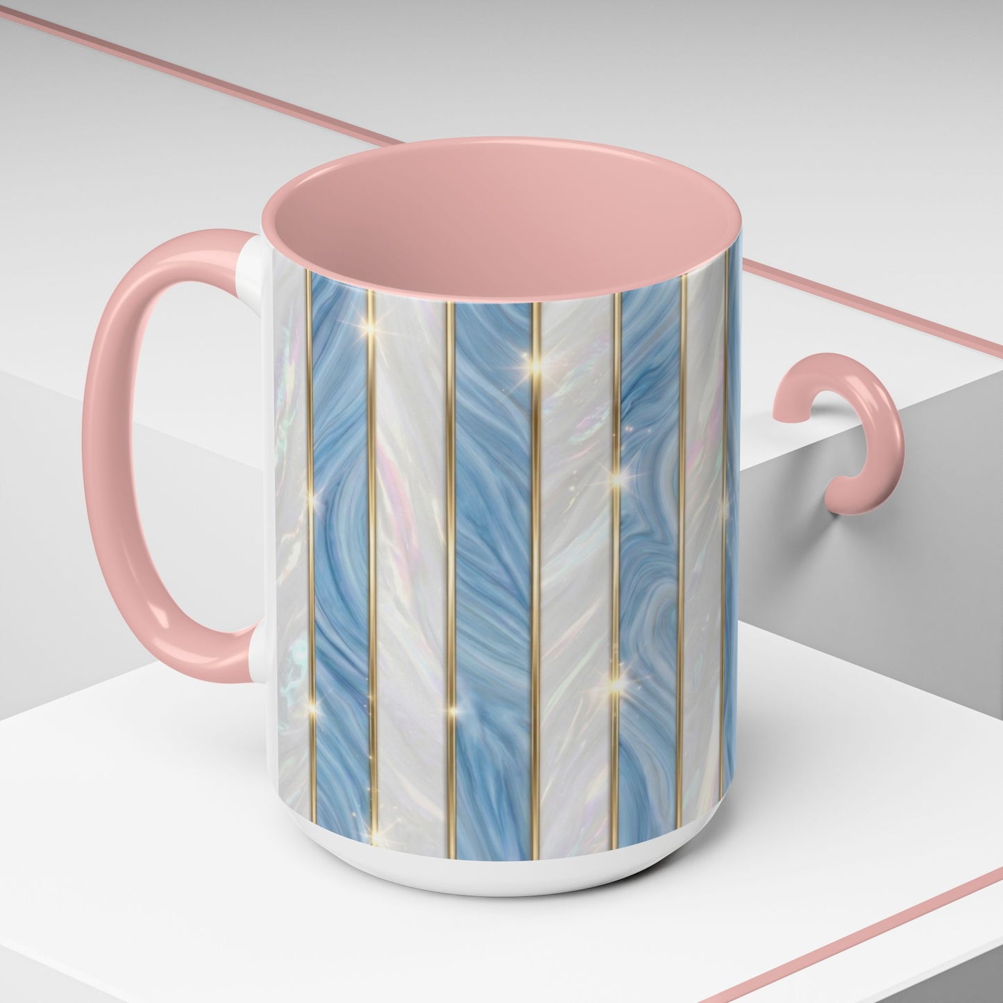Faux Stained Glass Mug, Blue Pearlescent Coffee Cup, Art Deco Stained Glass Decor, Elegant Gold Stripe Teacup, Unique Art Gift For Her