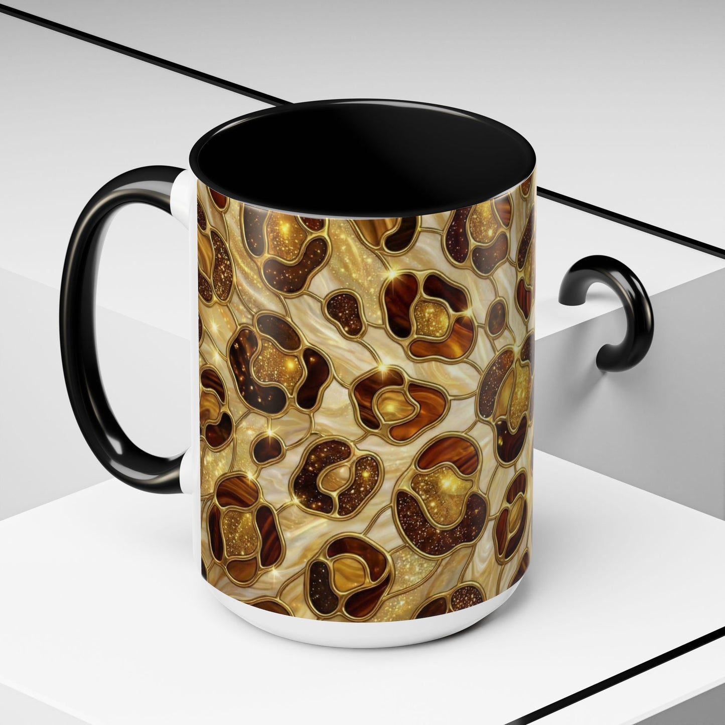 Stained Glass Leopard Print Mug, Gold Cheetah Coffee Cup, Luxury Animal Print Gift, Glam Mosaic Tea Mug, Trendy Desk Decor For Her Gifts