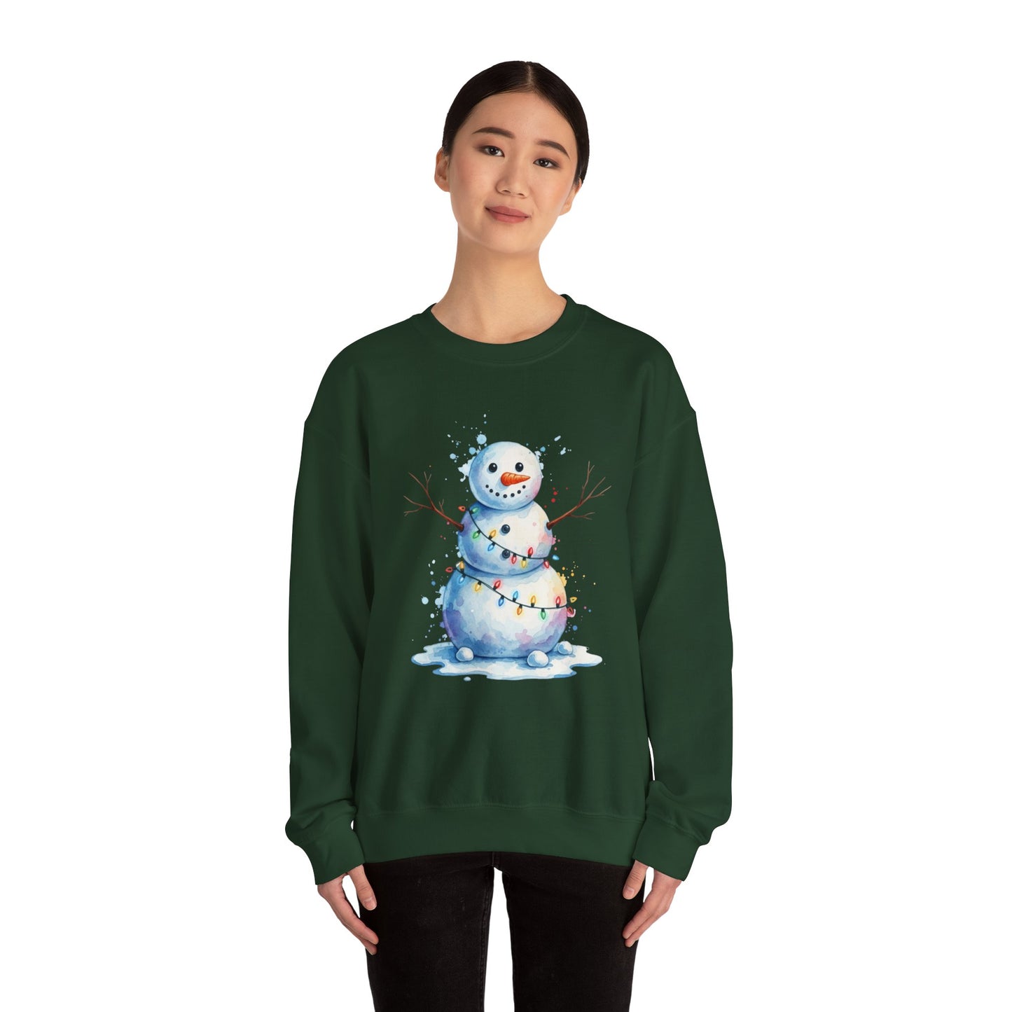 Watercolor Snowman Christmas Sweatshirt, Cute Snowman Crewneck for Winter, Holiday Lights Snowman Sweater, Cozy Unisex Christmas Gift