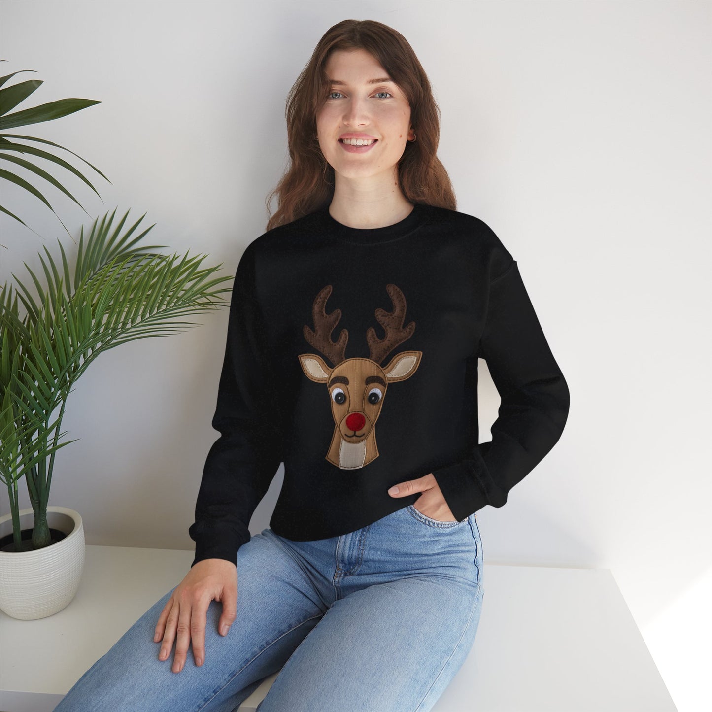 Faux Patchwork Rudolph Sweatshirt, Cute Reindeer Christmas Crewneck, Cozy Holiday Pullover, Winter Reindeer Sweater, Xmas Gift for Women