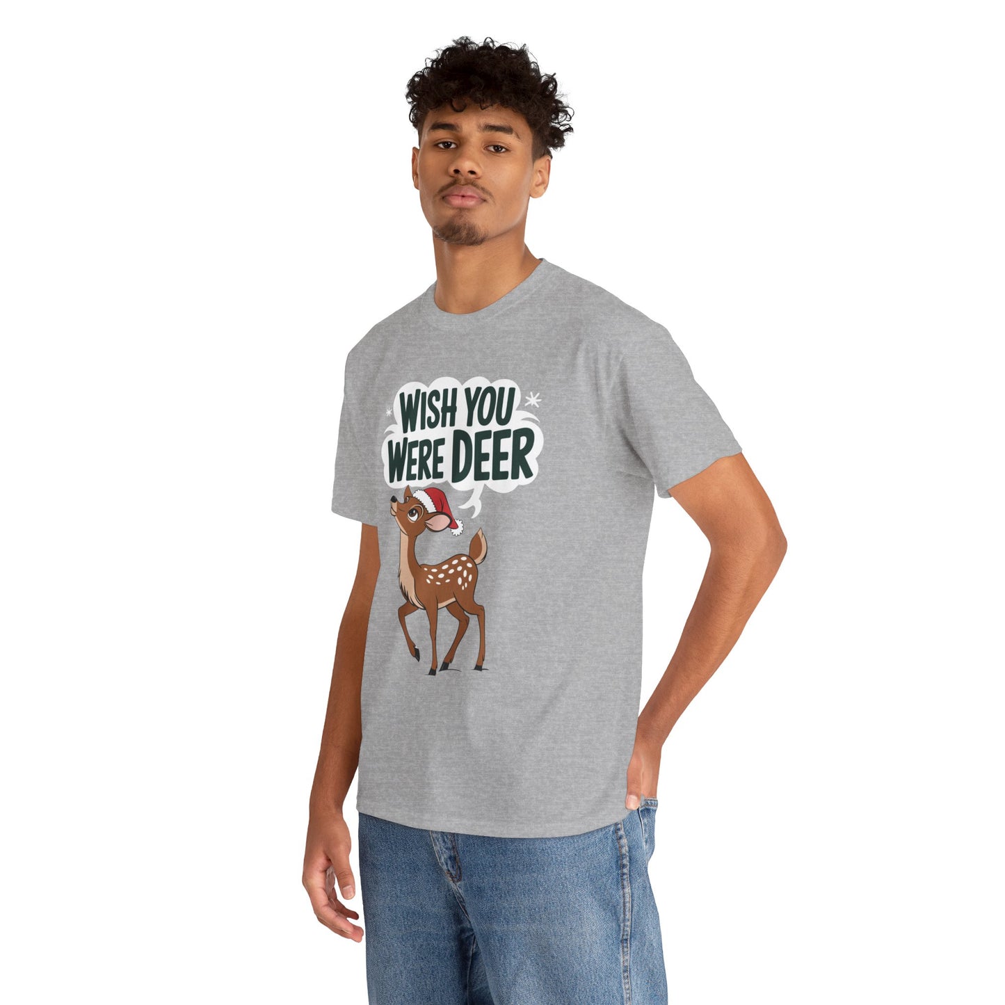 Wish You Were Deer Funny Christmas T-Shirt, Cute Reindeer Holiday Tee, Pun Christmas Shirt, Festive Santa Hat Deer Graphic Tee Gift