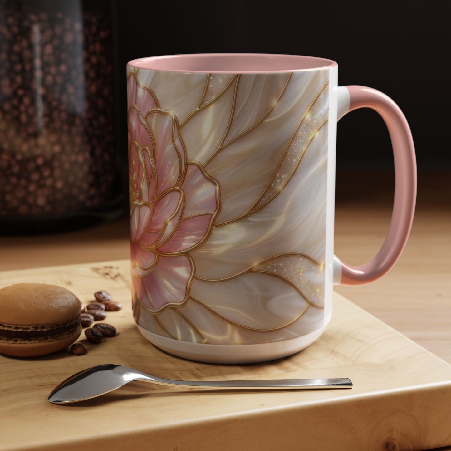 Pink Peony Stained Glass Mug, Gold Floral Coffee Cup, Elegant Flower Gift For Her, Fairycore Tea Cup, Mothers Day Present, Pearl Art Decor