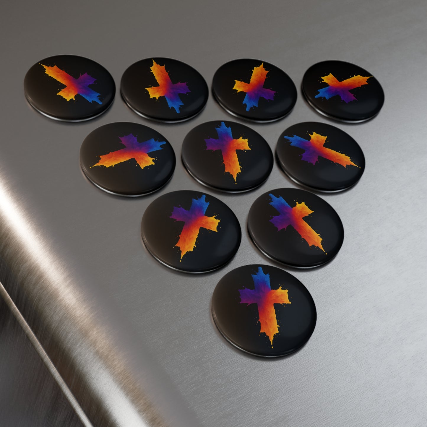 Button Magnet, Vibrant Paint Splattered Cross Design, Christian Decor, Spiritual Magnet, Inspirational Religious Design