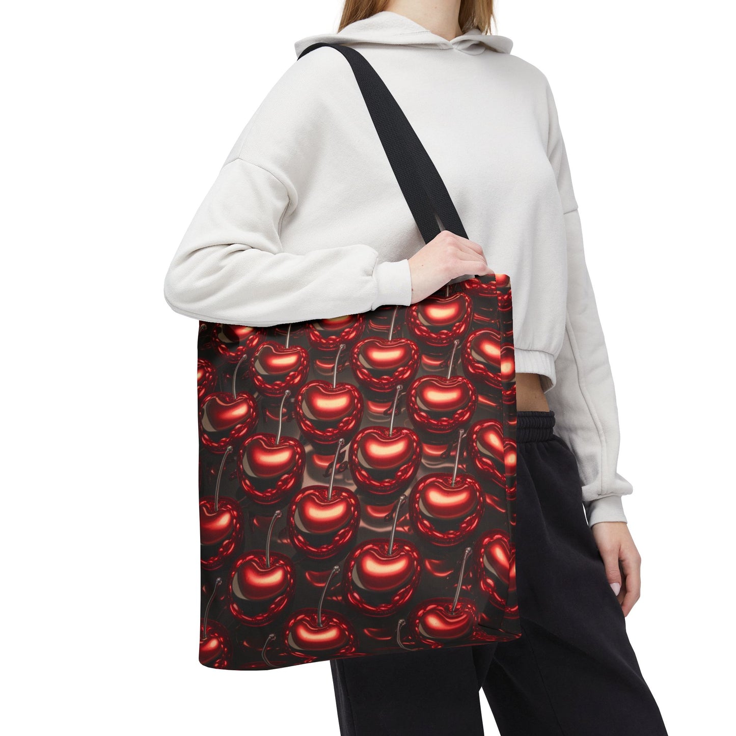 Glossy Cherry Pattern Canvas Tote Bag – Retro Black & Red Cherry Print, Coquette Cottagecore Aesthetic Shopper Tote, Fruit Lover Gift