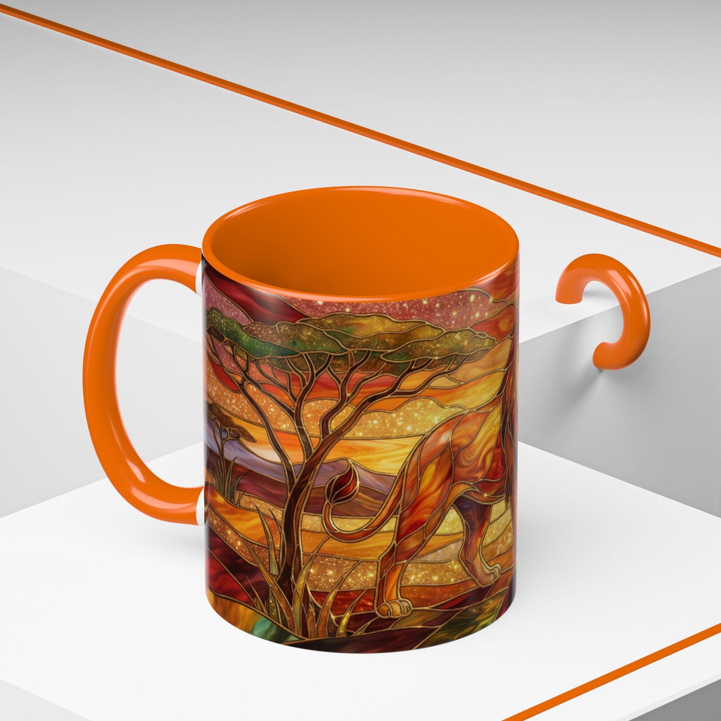 Stained Glass Lion Mug, Majestic Lion Coffee Cup, African Sunset Art Mug, Safari Wildlife Gift, Colorful Lion Lover Ceramic Mug