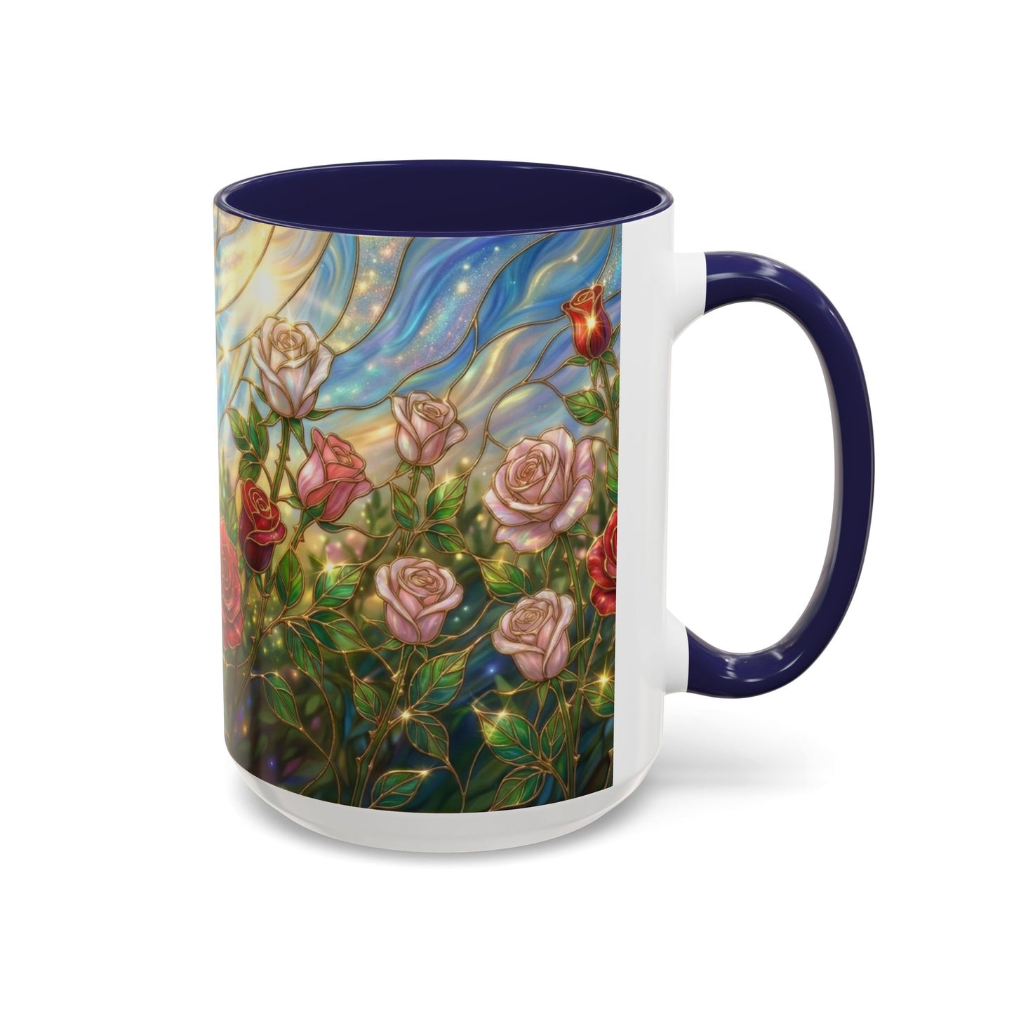 Stained Glass Rose Garden Mug, Floral Rose Coffee Cup, Elegant Flower Mug, Blue Green Gold Glass Style Design, Romantic Gift For Her