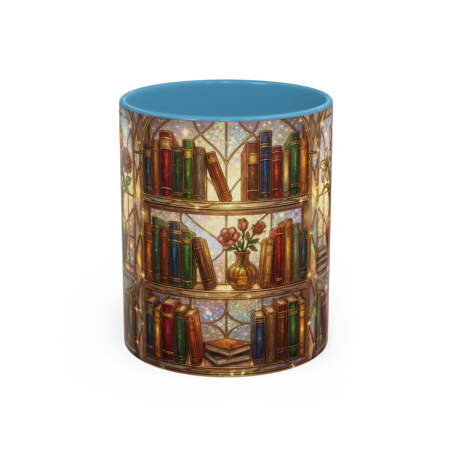 Stained Glass Books Mug, Book Lover Coffee Mug, Cozy Library Mug, Bookish Gift For Readers, Dark Academia Mug, Floral Bookshelf Cup