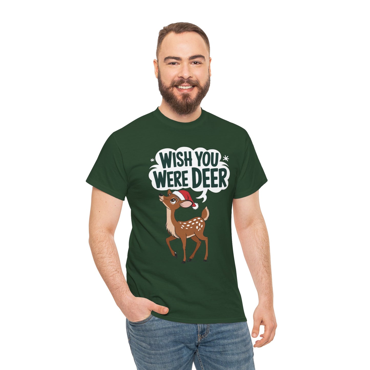 Wish You Were Deer Funny Christmas T-Shirt, Cute Reindeer Holiday Tee, Pun Christmas Shirt, Festive Santa Hat Deer Graphic Tee Gift