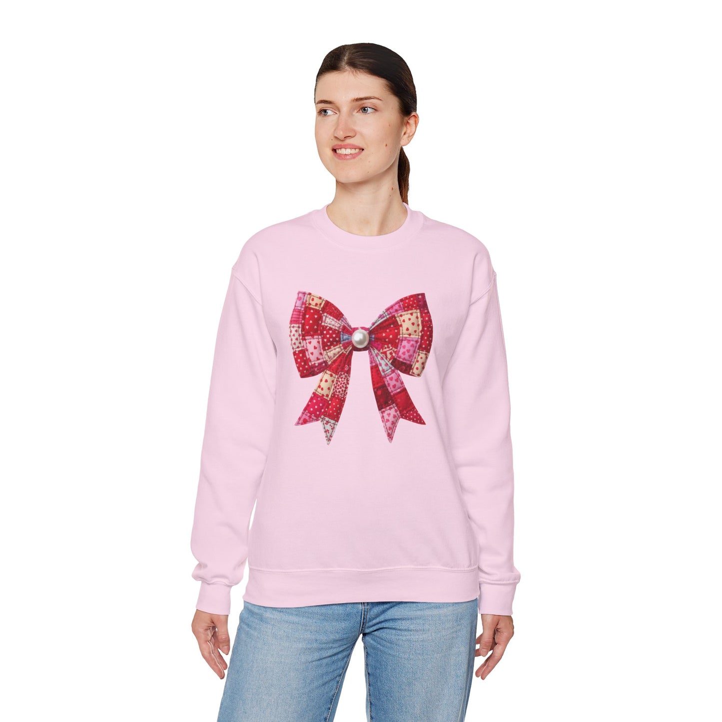 Faux Patchwork Bow Sweatshirt, Quilted Look Bow Crewneck, Pearl Bow Pullover, Cozy Coquette Sweatshirt, Girly Valentine Gift