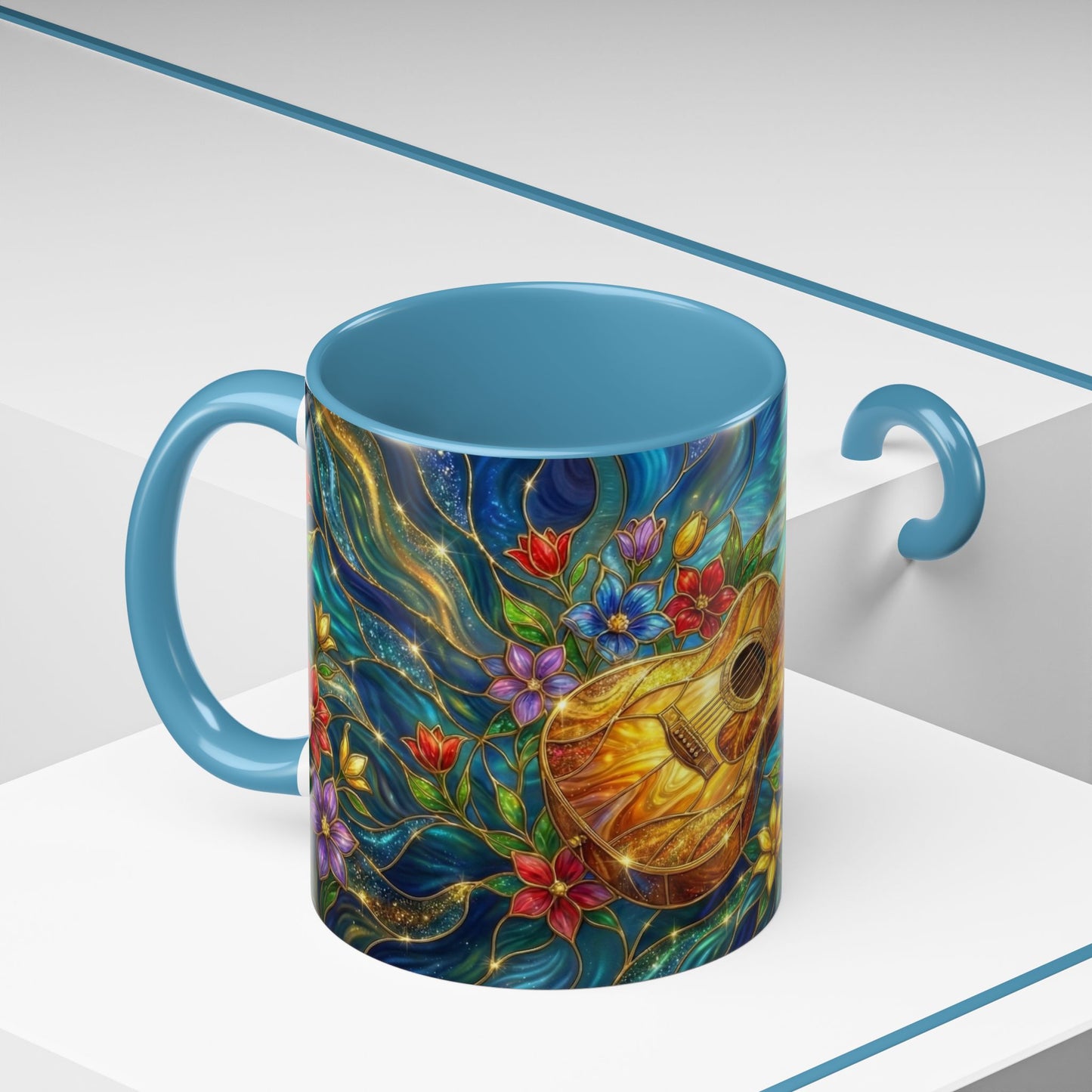 Guitar Coffee Mug, Stained Glass Guitar Art Mug, Music Lover Gift, Floral Acoustic Guitar Mug, Ceramic Coffee Cup, Unique Musician Gift, 11oz