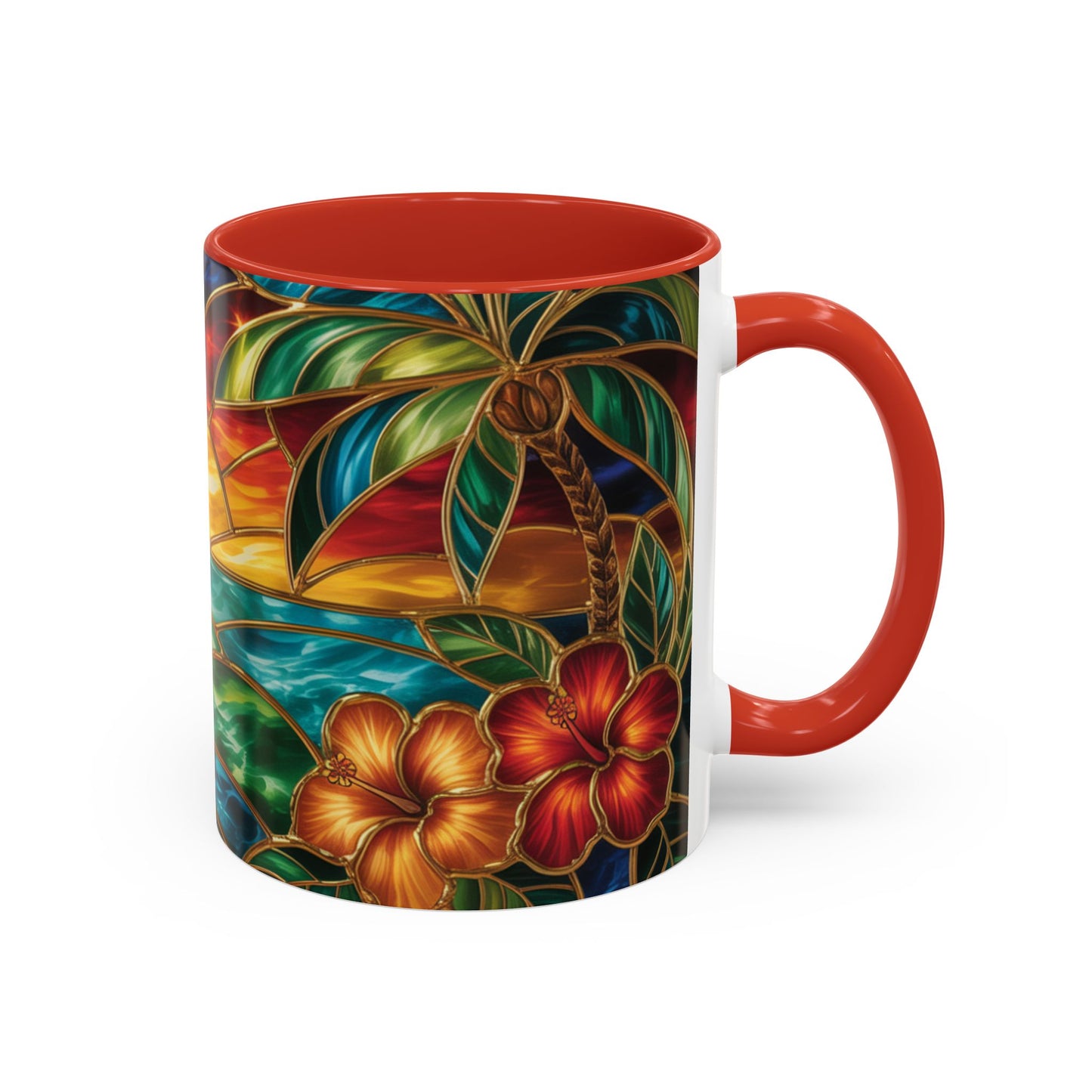 Stained Glass Tropical Sunset Mug, Hibiscus Flower Coffee Cup, Beach Lover Gift, Colorful Palm Tree Mug, Coastal Art Drinkware, Summer Cup