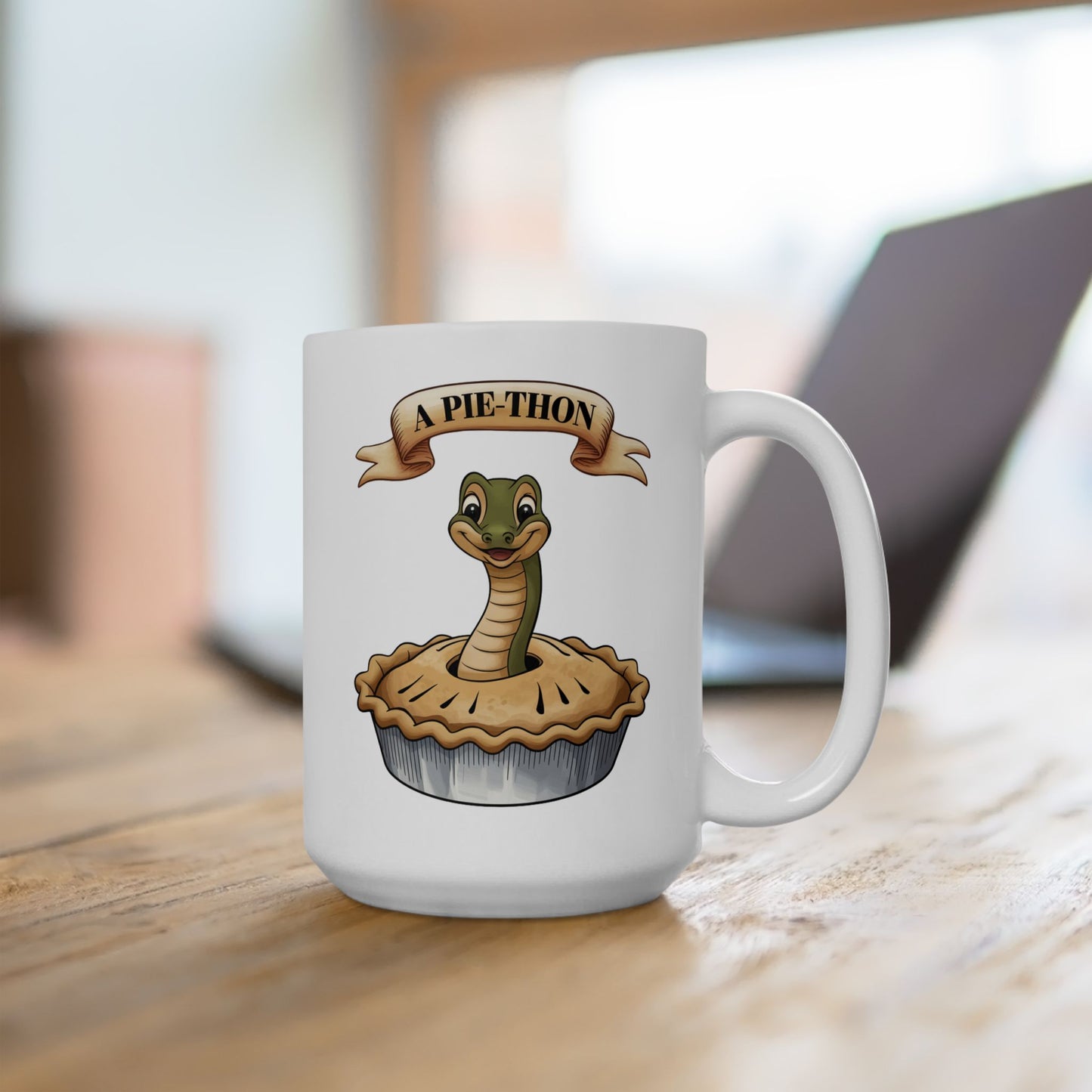 Pie-Thon Snake Mug - Funny Python Pie Pun Mug, Quirky Animal Cartoon Ceramic Coffee Cup, Novelty Gift for Snake Lovers & Bakery Fans