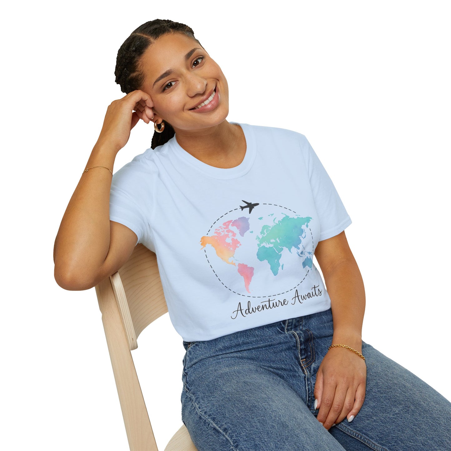 Adventure Awaits Travel Shirt | Watercolor World Map Tee for Women and Men | Wanderlust Gift for Travelers, Hikers, Campers, Beach Lovers
