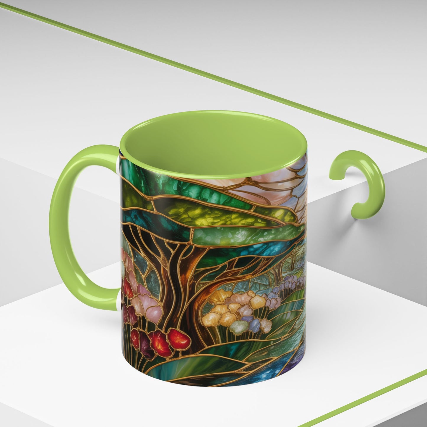 Stained Glass Woodland Forest Mug, Tree & Flowers Coffee Cup, Nature Lover Gift, Artistic Woodland Art Mug, Rustic Home Decor Mug