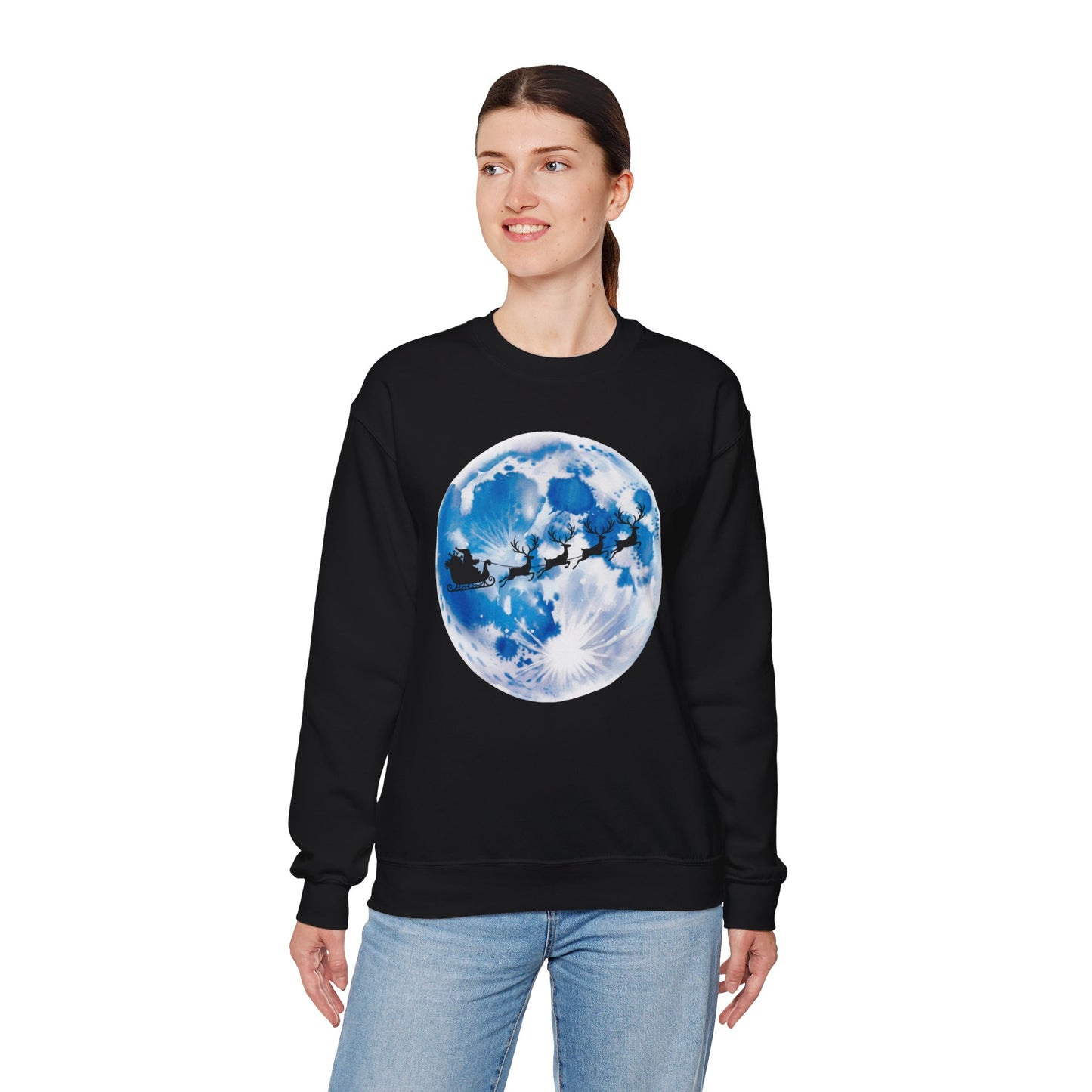 Santa And Reindeer Full Moon Christmas Sweatshirt, Holiday Night Sky Sweater, Cozy Unisex Crewneck, Festive Gift For Christmas Lovers