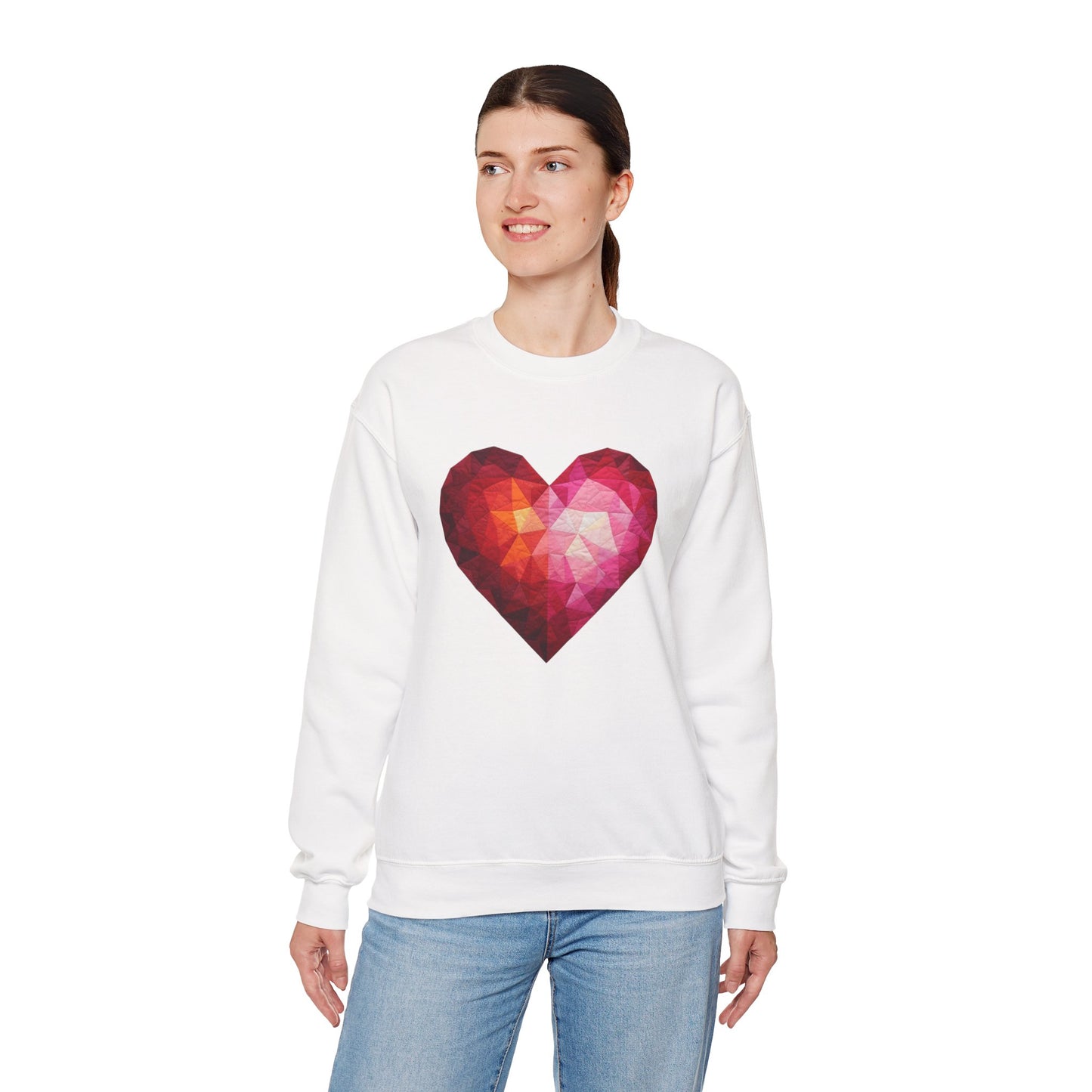 Faux Patchwork Heart Sweatshirt, Geometric Heart Sweater, Cute Valentines Sweatshirt, Cozy Pink Heart Crewneck, Winter Heart Pullover