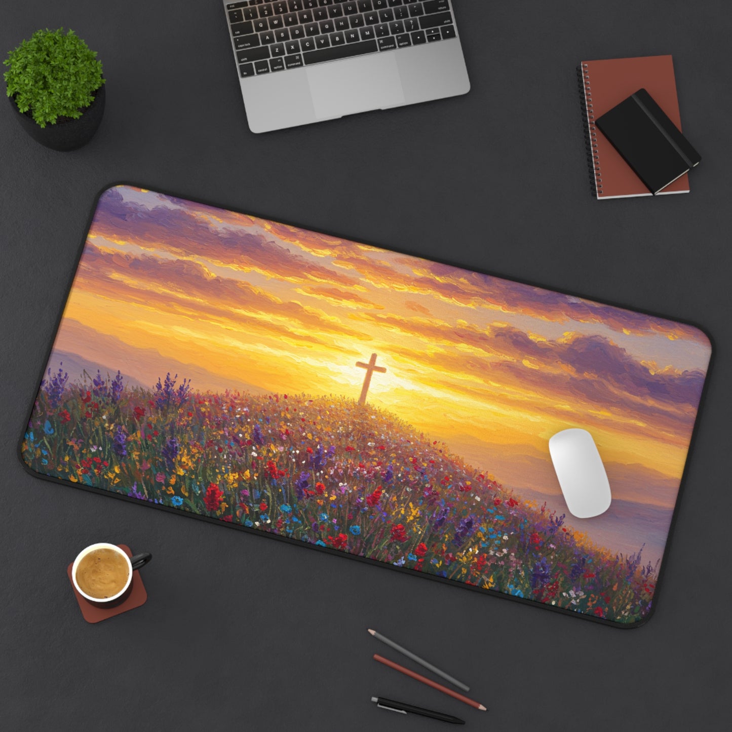 Desk Mat Mouse Pad - Cross on a Hill Monet Style Painting Christian Accessory Spiritual Mouse Pad Religious Desk Mat