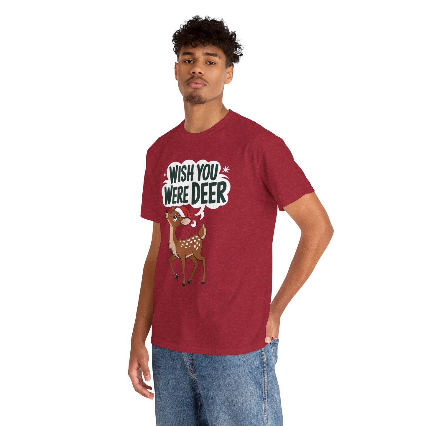 Wish You Were Deer Funny Christmas T-Shirt, Cute Reindeer Holiday Tee, Pun Christmas Shirt, Festive Santa Hat Deer Graphic Tee Gift