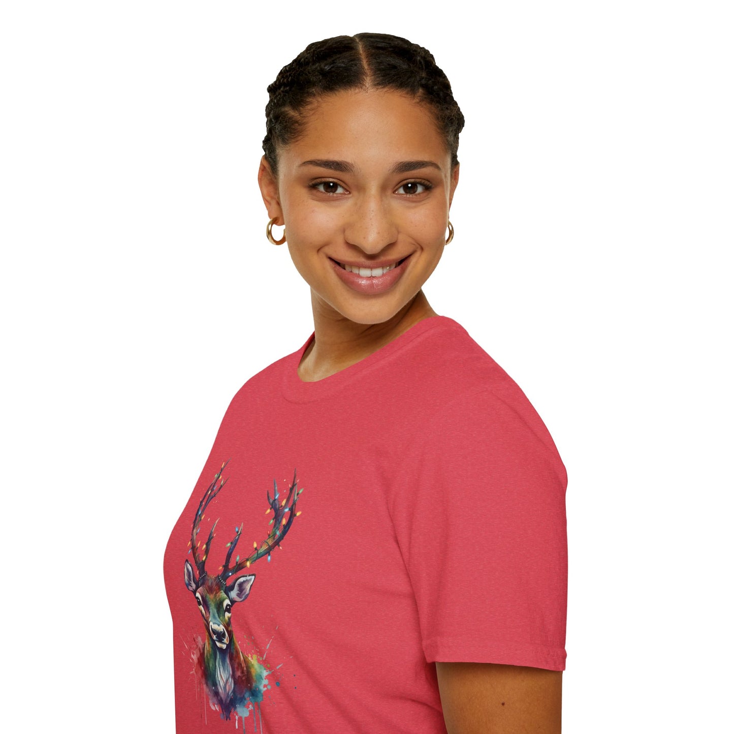Christmas Deer Shirt, Watercolor Buck T-Shirt, Deer With Christmas Lights Tee, Holiday Wildlife Art Shirt, Colorful Deer Head Xmas Tee