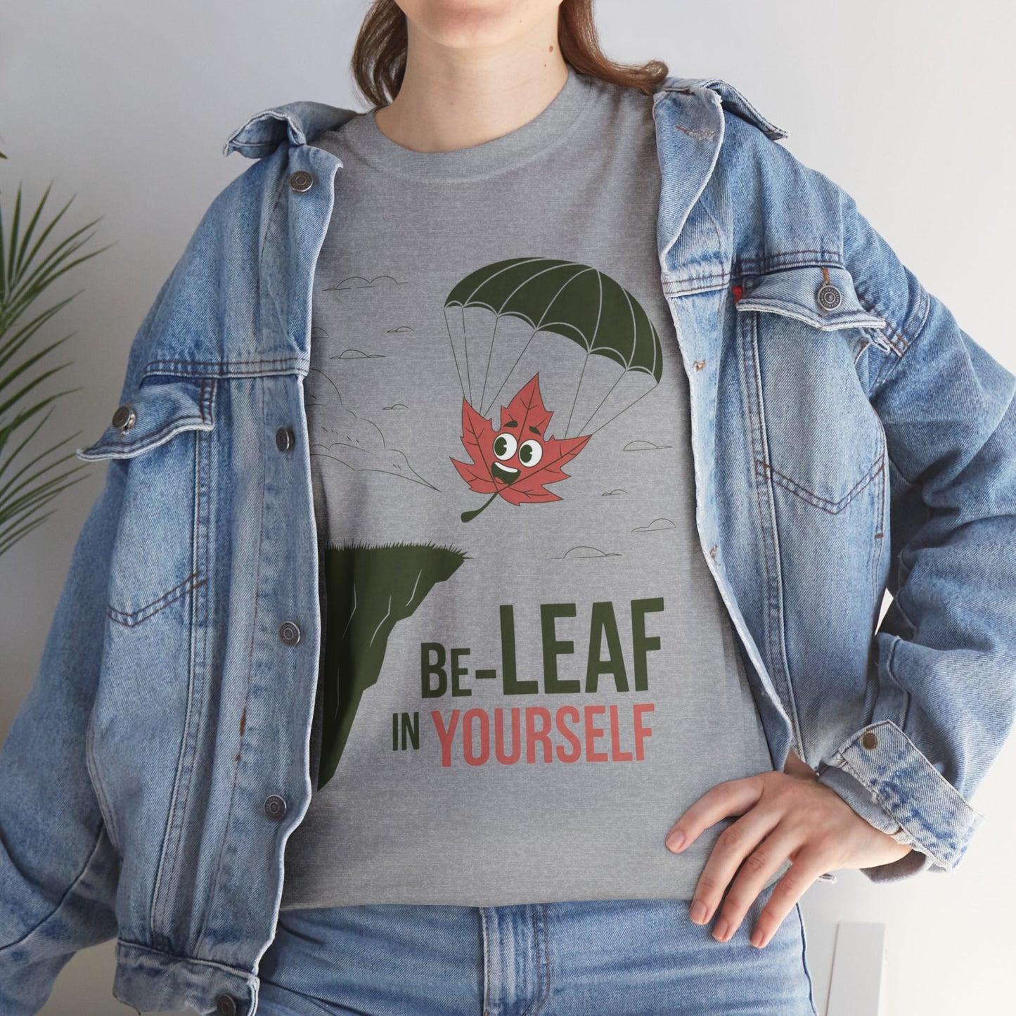 Be-Leaf In Yourself Maple Leaf Parachute T-Shirt | Funny Motivational Nature Graphic Tee | Self-Love Fall Autumn Shirt | Outdoorsy Gift
