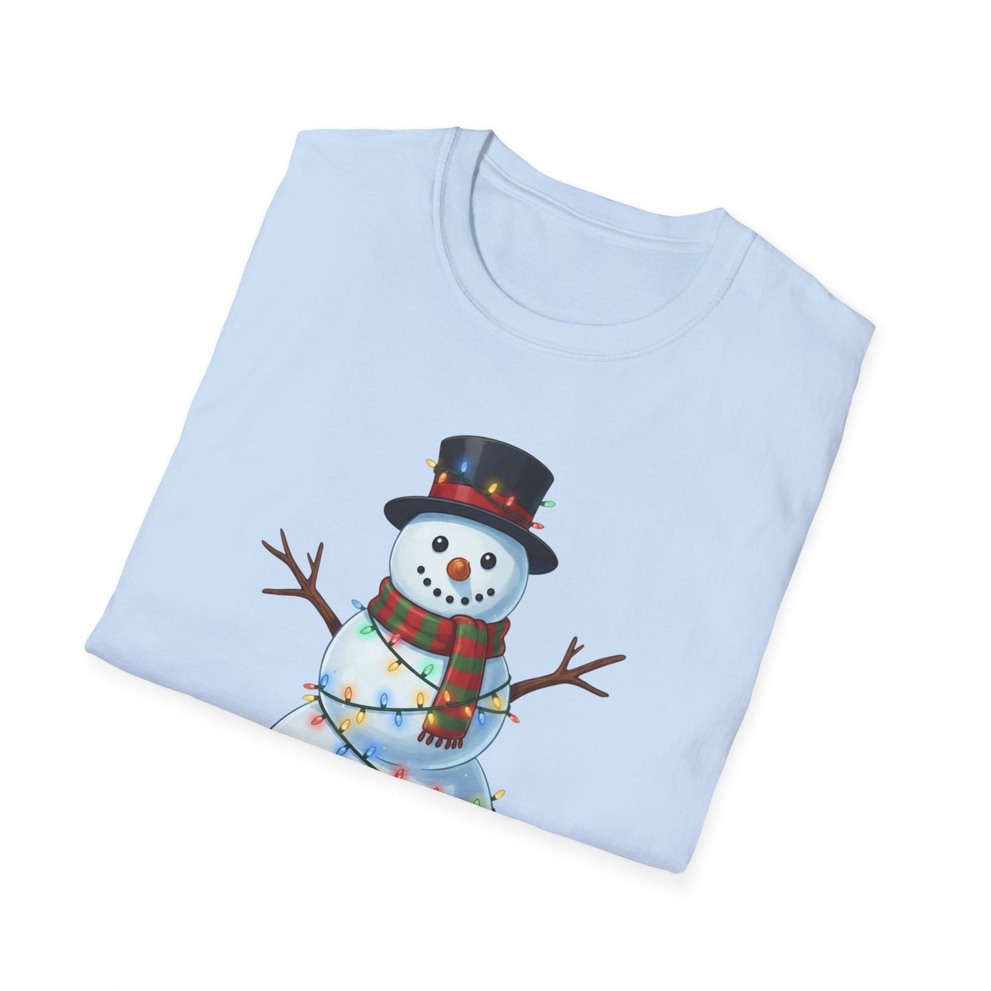 Cute Snowman Christmas Shirt, Snowman Wrapped in Christmas Lights Tee, Holiday Winter Snowman Top Hat Shirt, Funny Cozy Christmas T Shirt