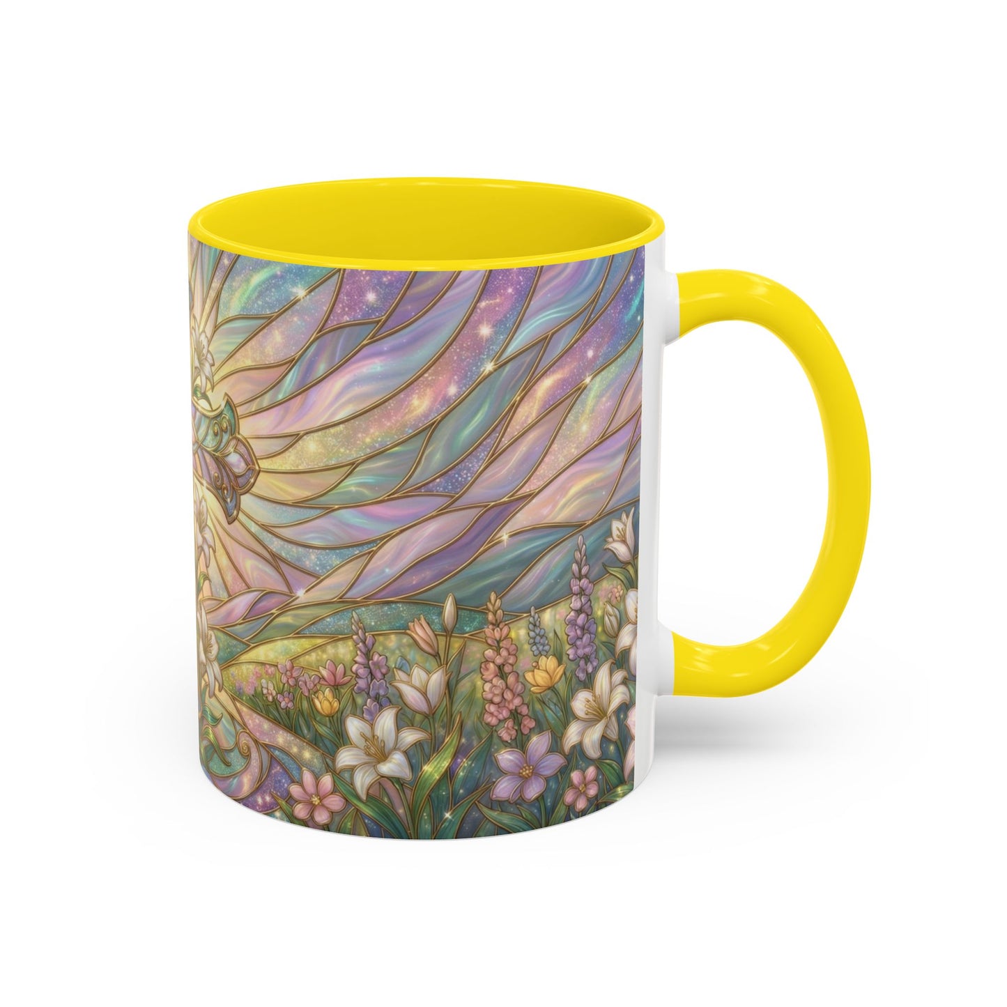 Stained Glass Cross Mug, Easter Lily Coffee Cup, Christian Religious Gift, Pastel Floral Faith Mug, Spring Believer Cup, Baptism Present