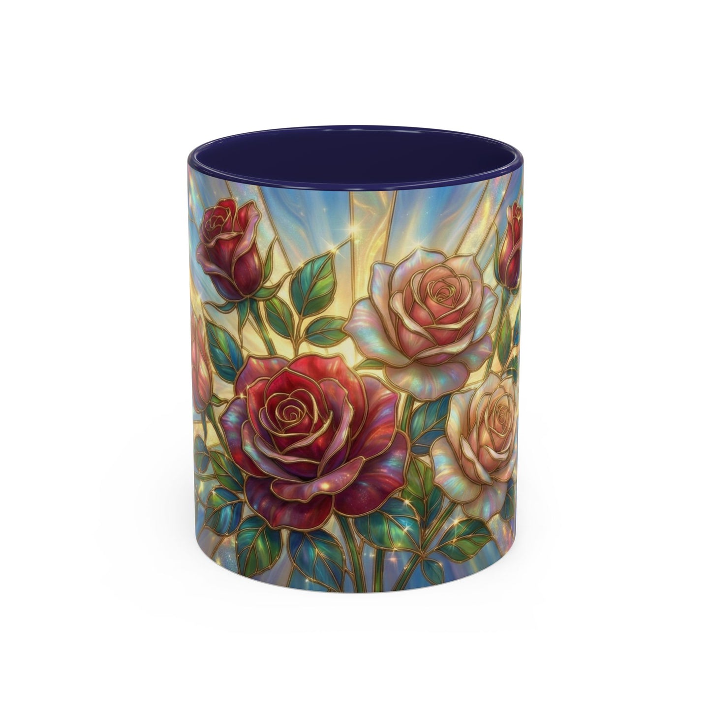 Stained Glass Rose Mug, Floral Art Coffee Cup, Elegant Rose Flower Mug, Blue Gold Glass Style Design, Romantic Gift For Her Decor